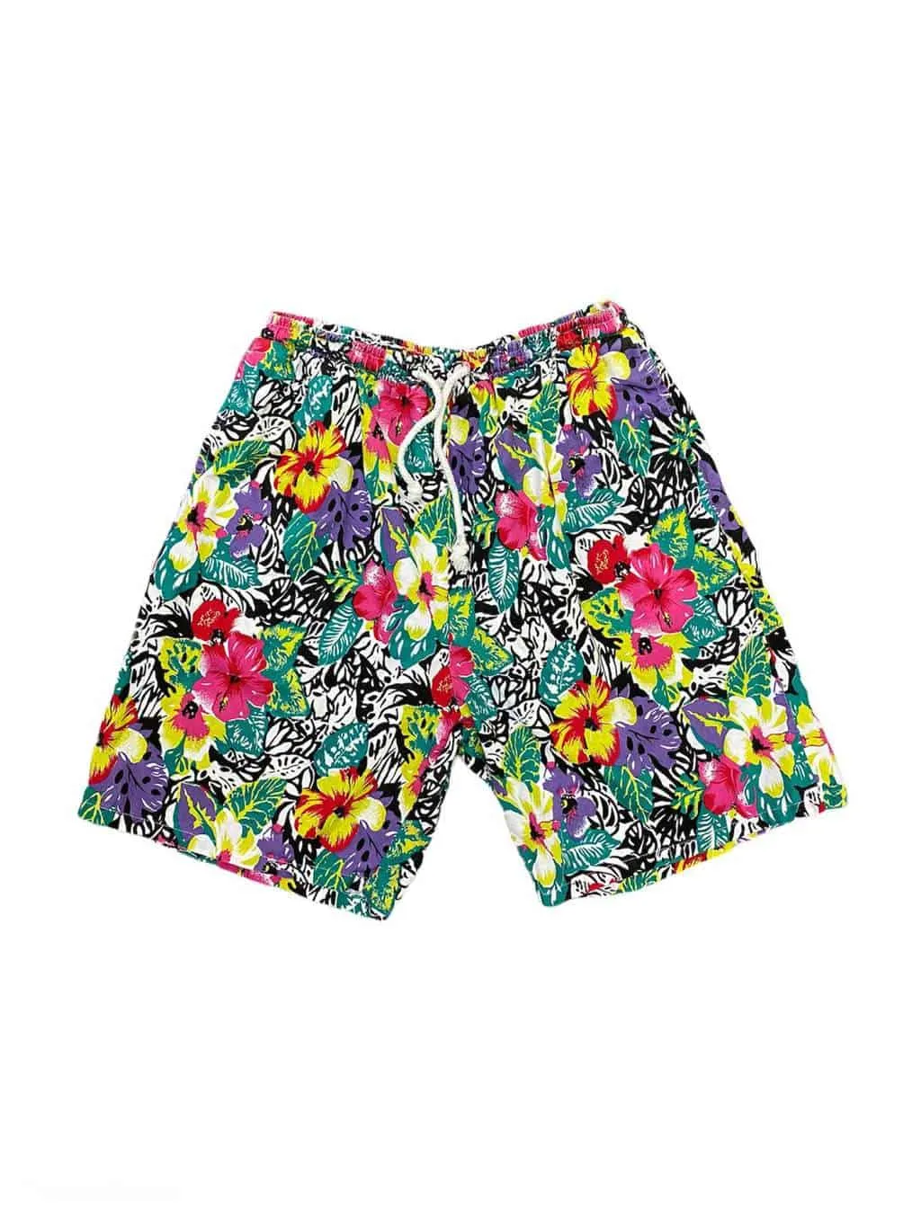 Vintage 90s Cotton Shorts with Floral Pattern, Elasticated Waistband - Medium