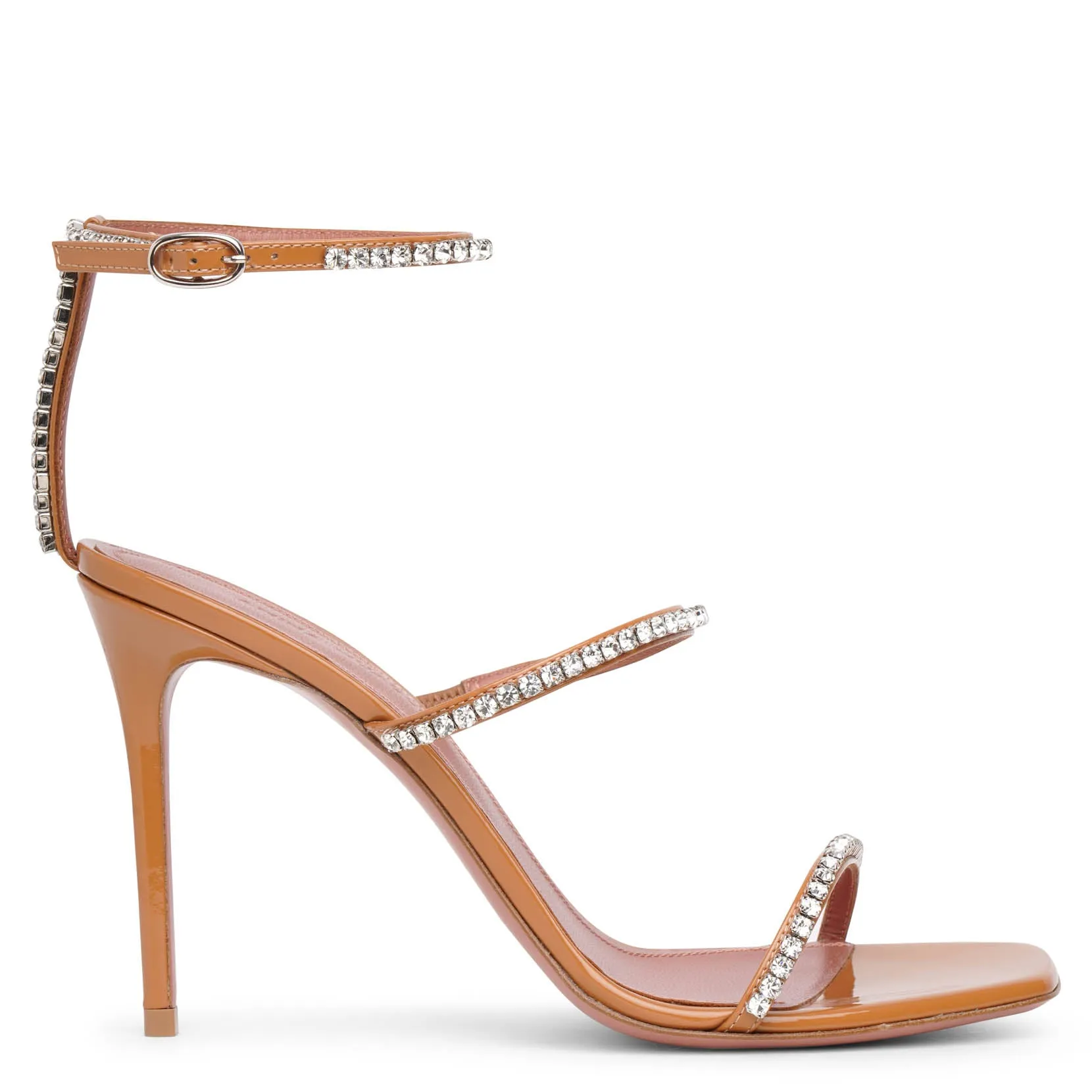 Amina Muaddi Gilda Patent Tan Leather Embellished Sandals