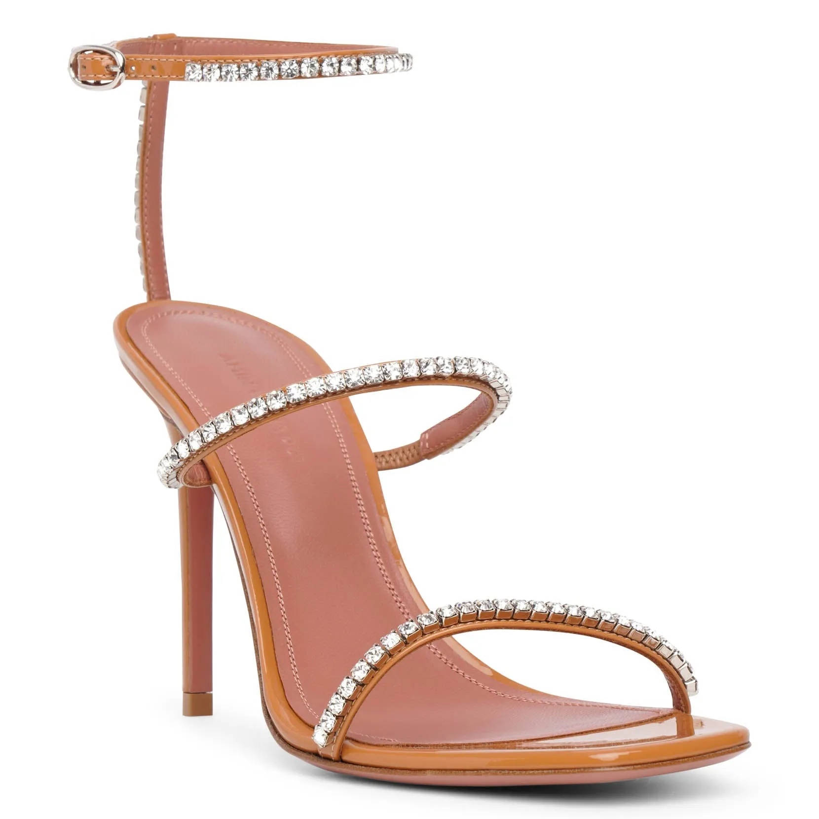 Amina Muaddi Gilda Patent Tan Leather Embellished Sandals