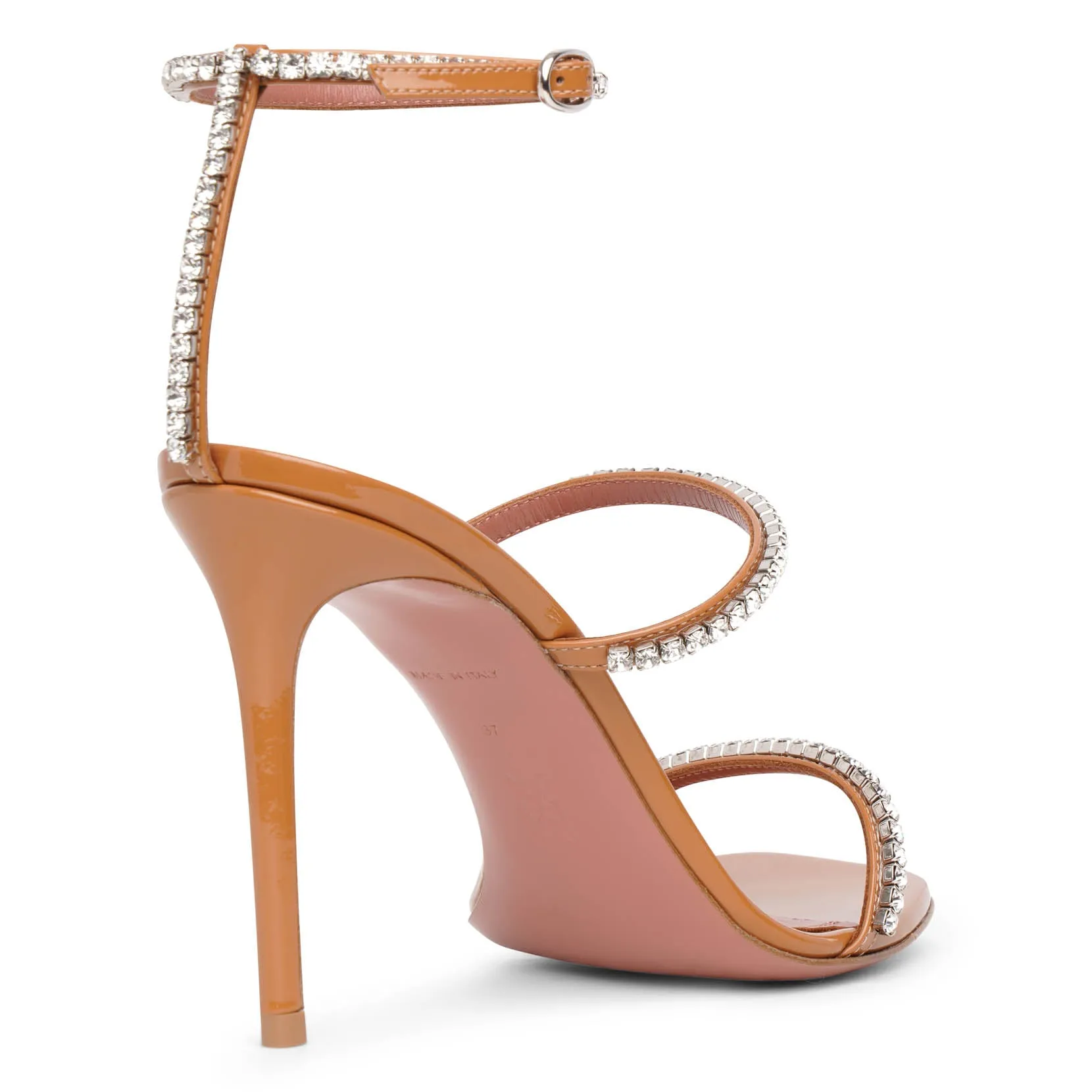 Amina Muaddi Gilda Patent Tan Leather Embellished Sandals