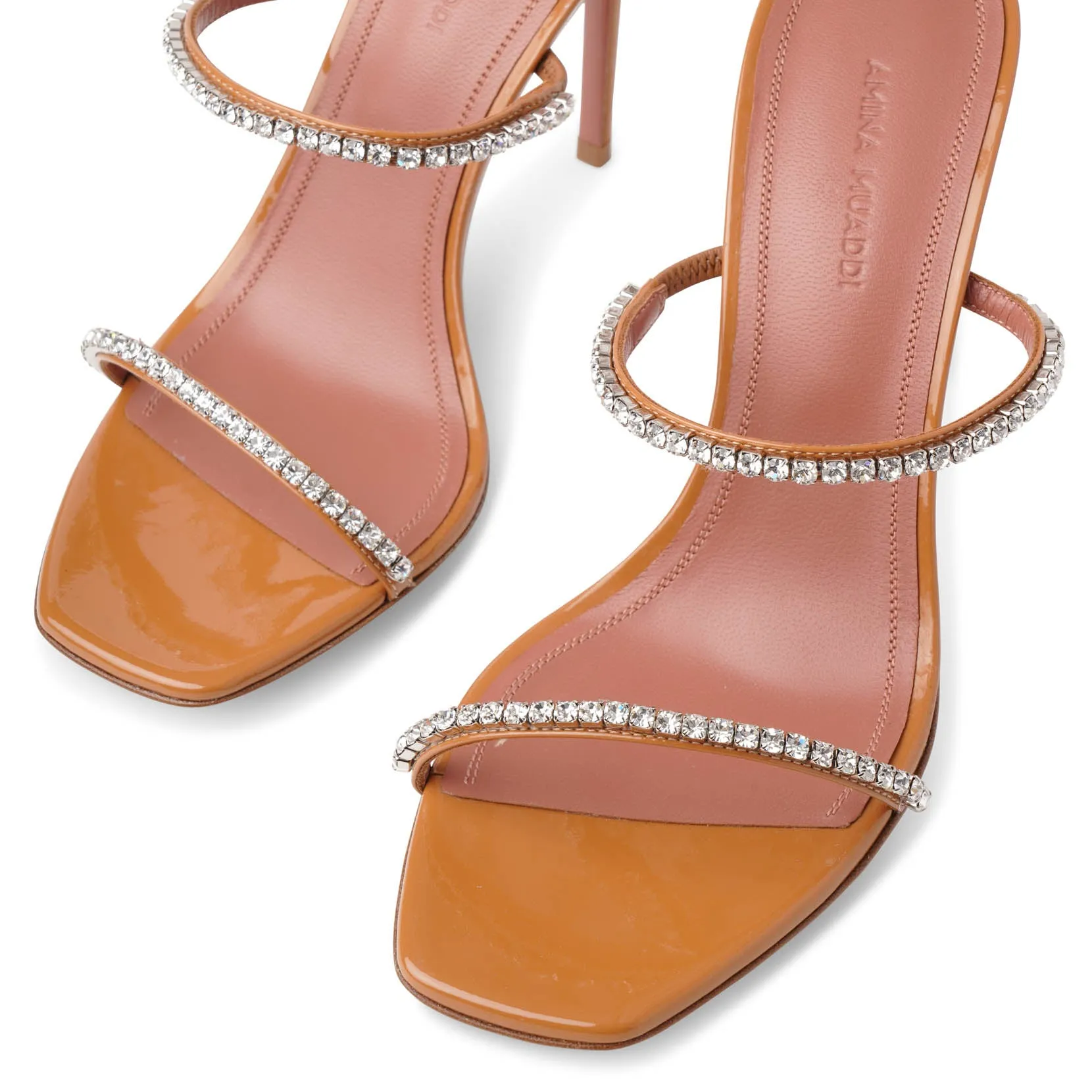 Amina Muaddi Gilda Patent Tan Leather Embellished Sandals