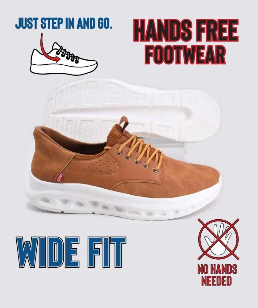 Big Mens Tan Hands Free Shoes With PU Faux Suede Top and Faux Laces