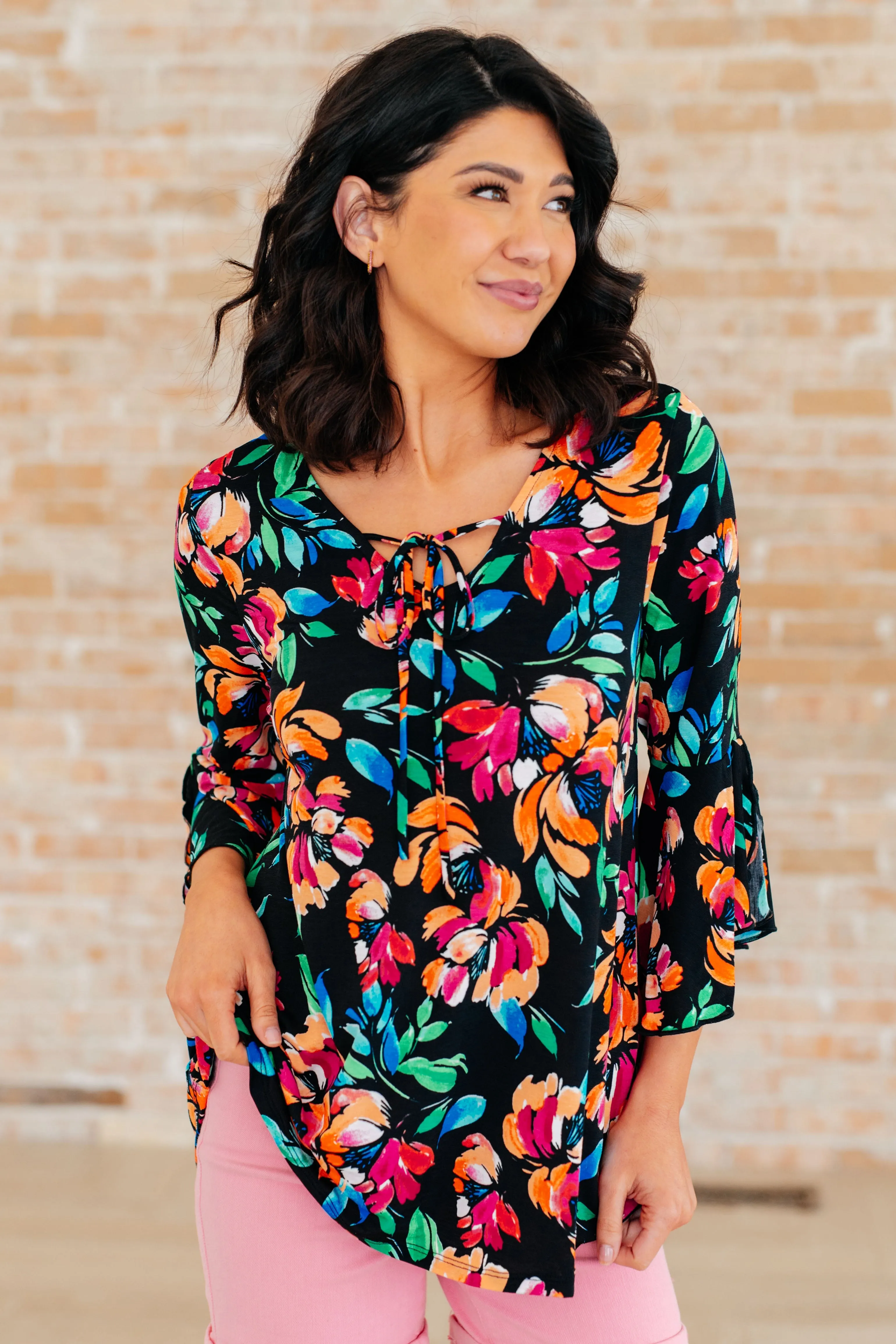 Black and Emerald Floral Willow Bell Sleeve Top