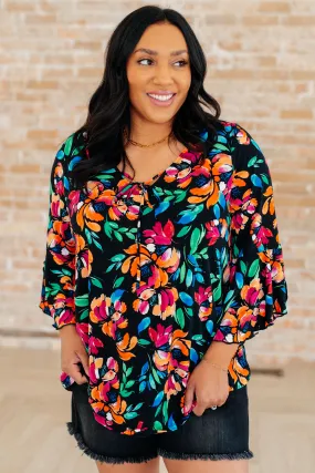 Black and Emerald Floral Willow Bell Sleeve Top