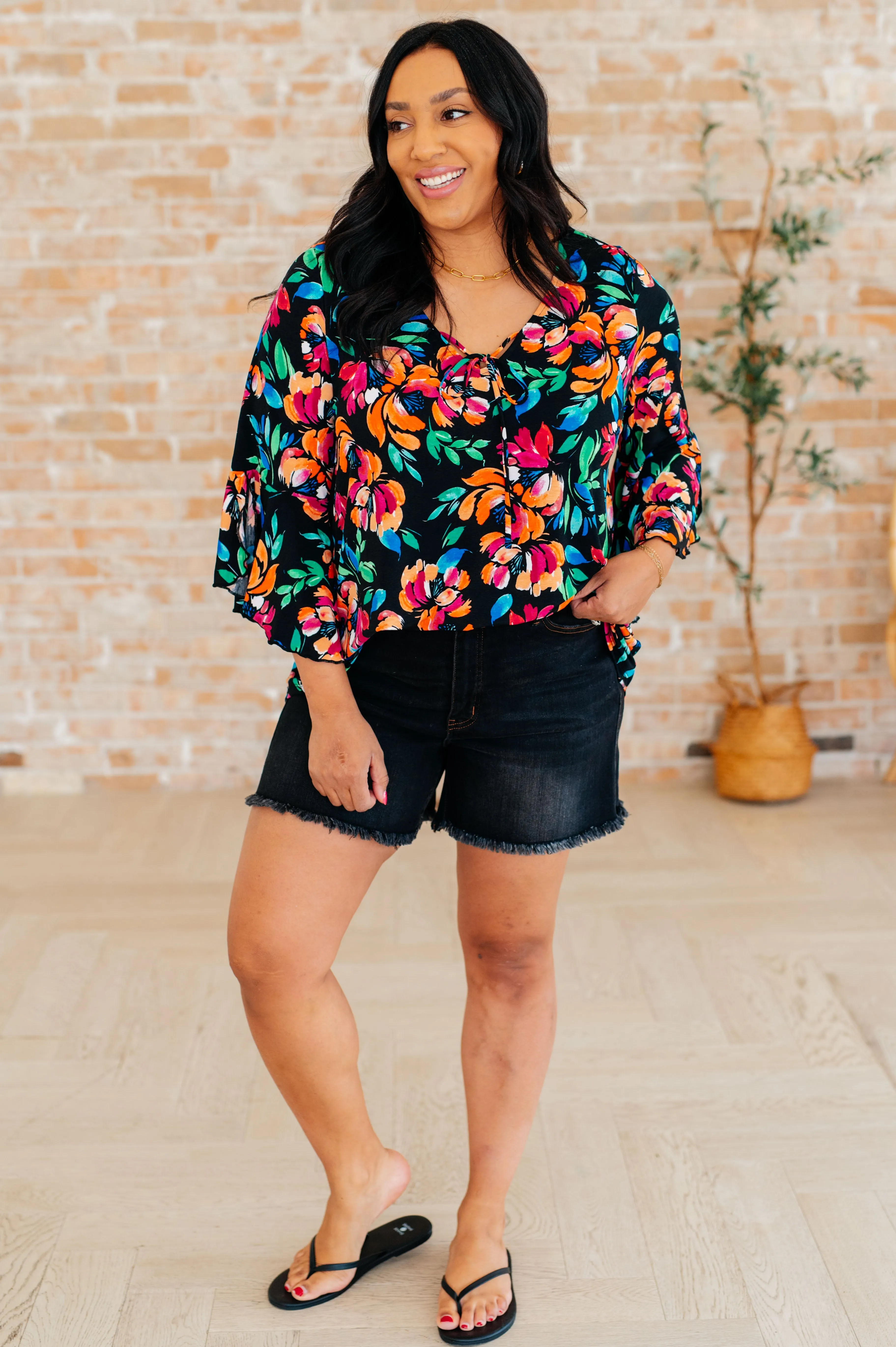 Black and Emerald Floral Willow Bell Sleeve Top