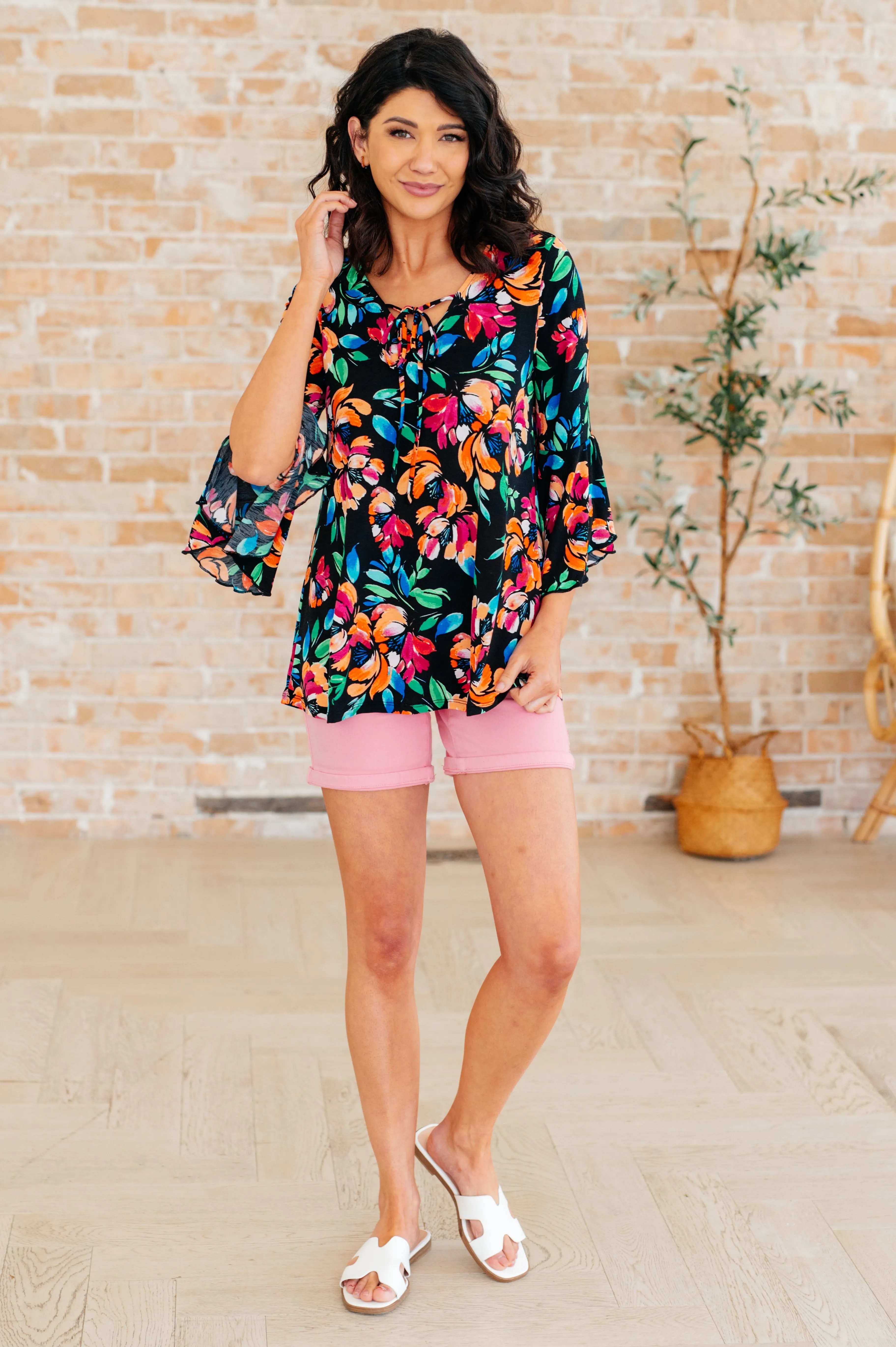 Black and Emerald Floral Willow Bell Sleeve Top