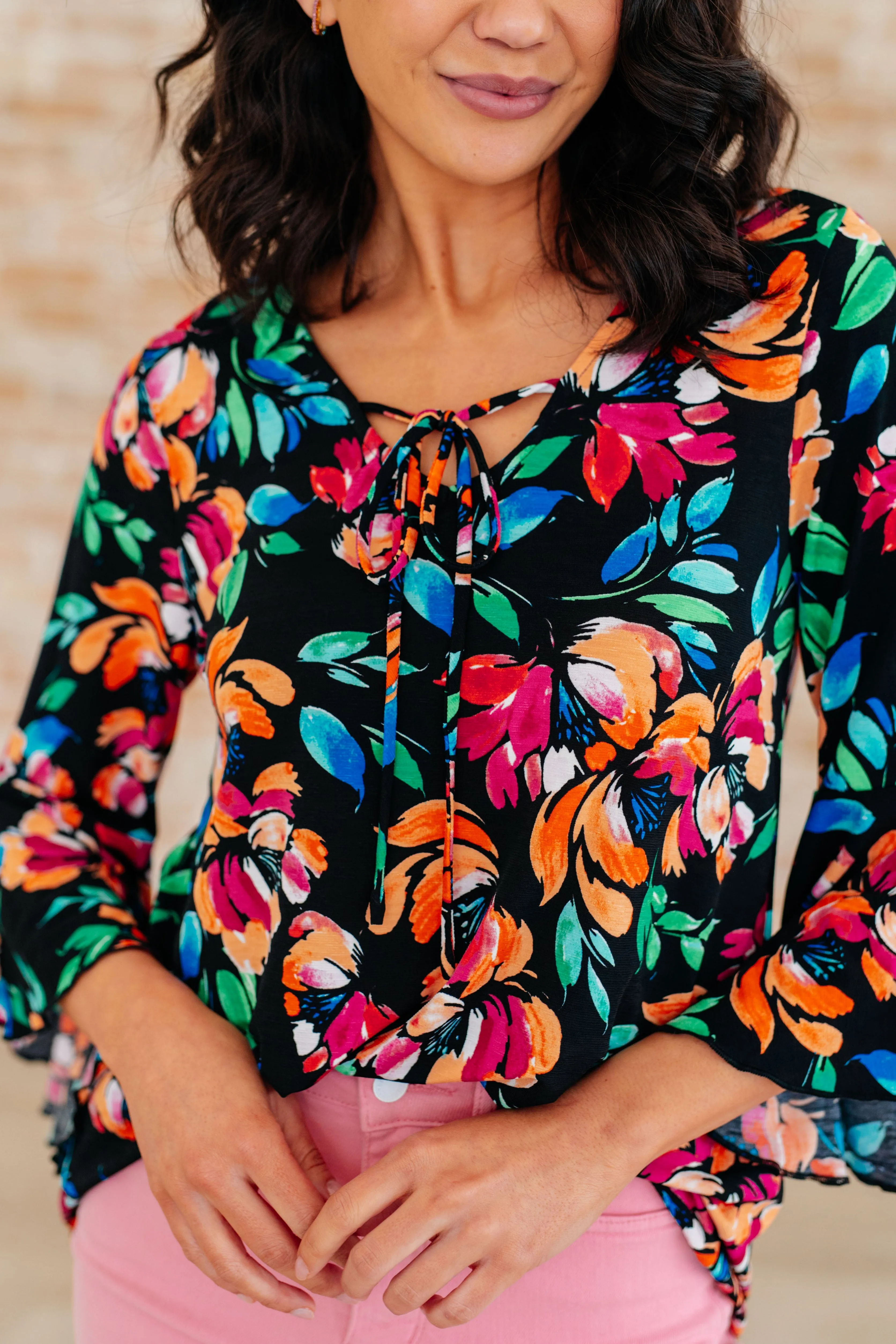 Black and Emerald Floral Willow Bell Sleeve Top