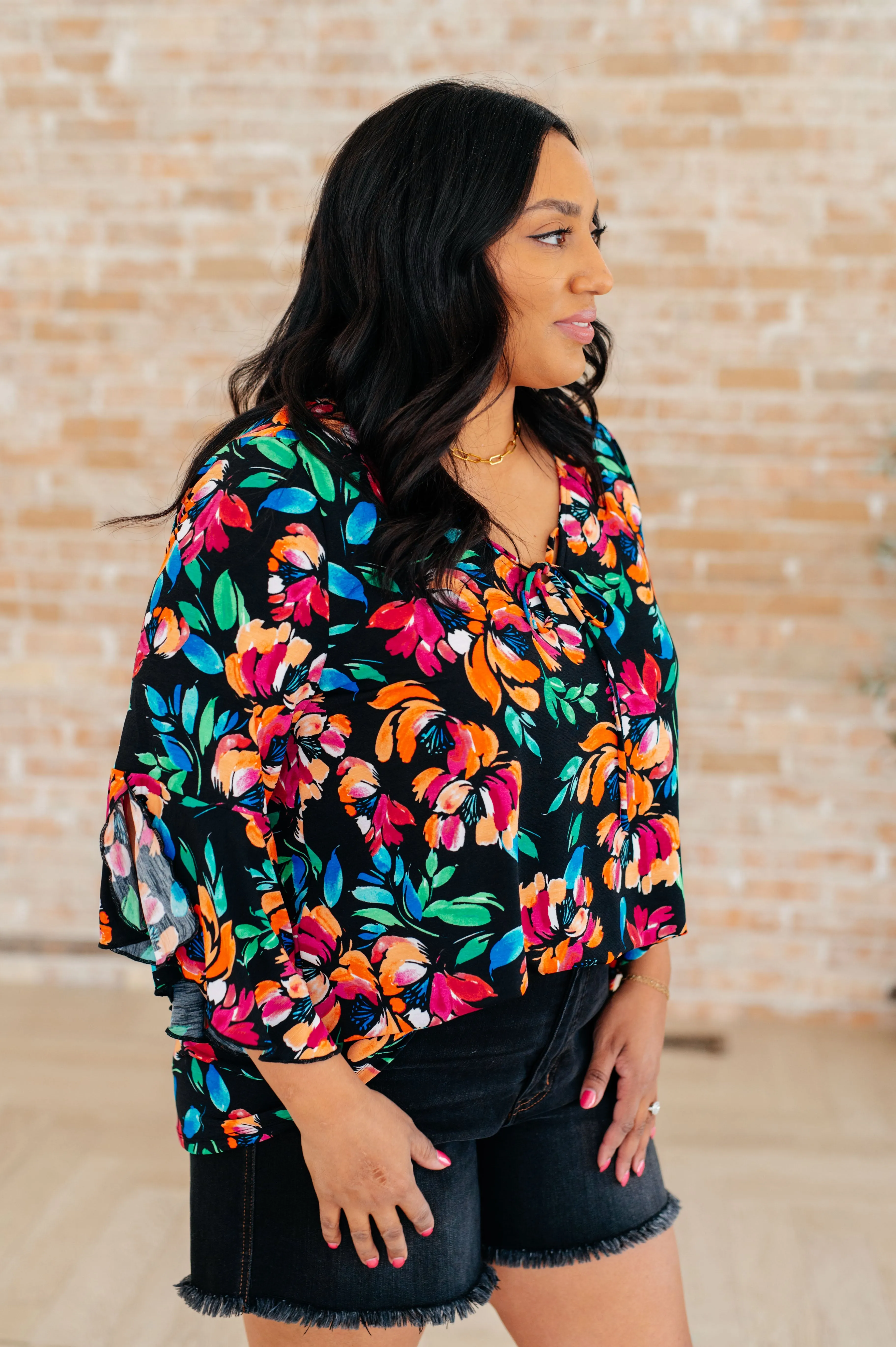 Black and Emerald Floral Willow Bell Sleeve Top