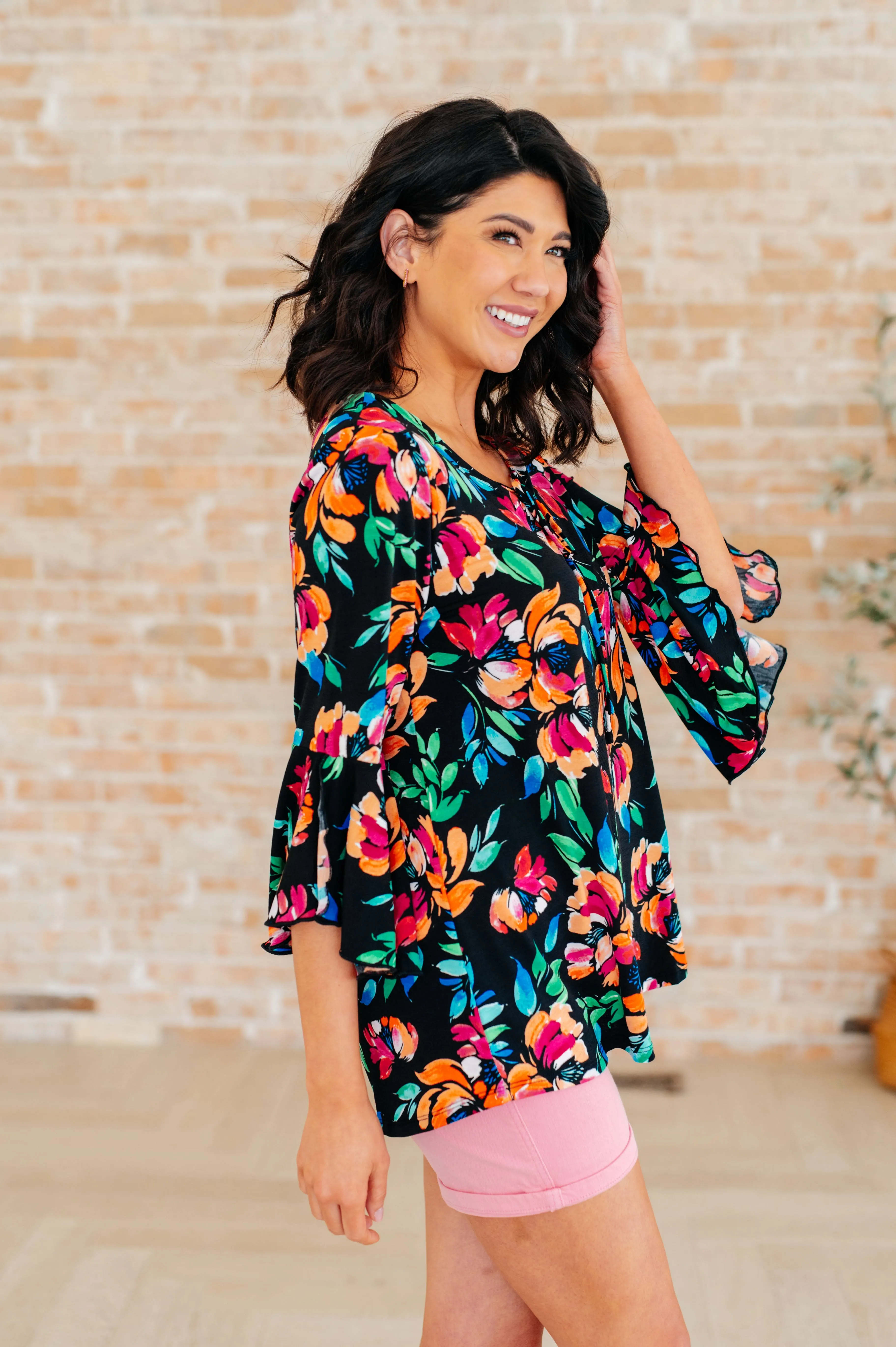 Black and Emerald Floral Willow Bell Sleeve Top