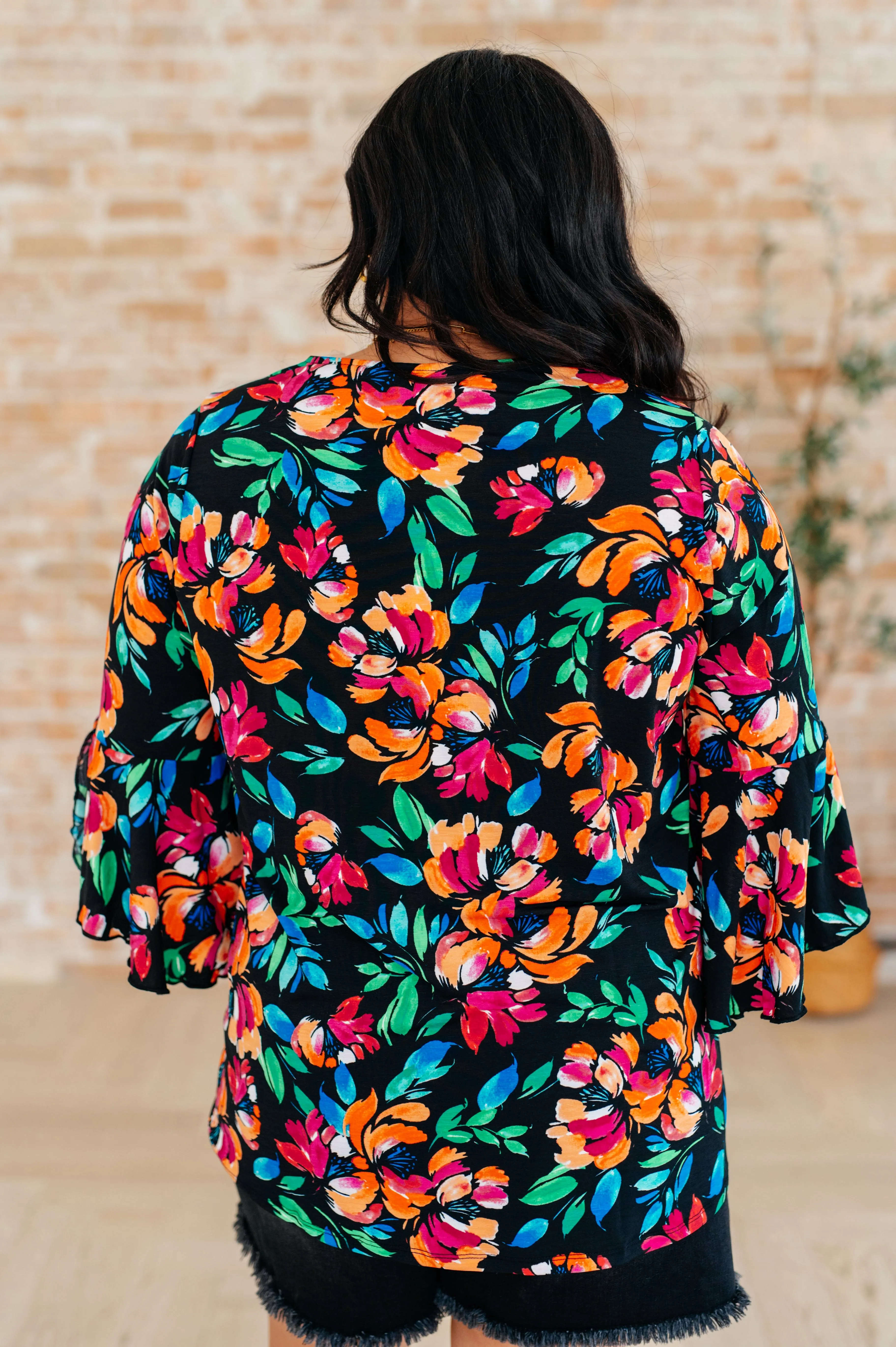 Black and Emerald Floral Willow Bell Sleeve Top