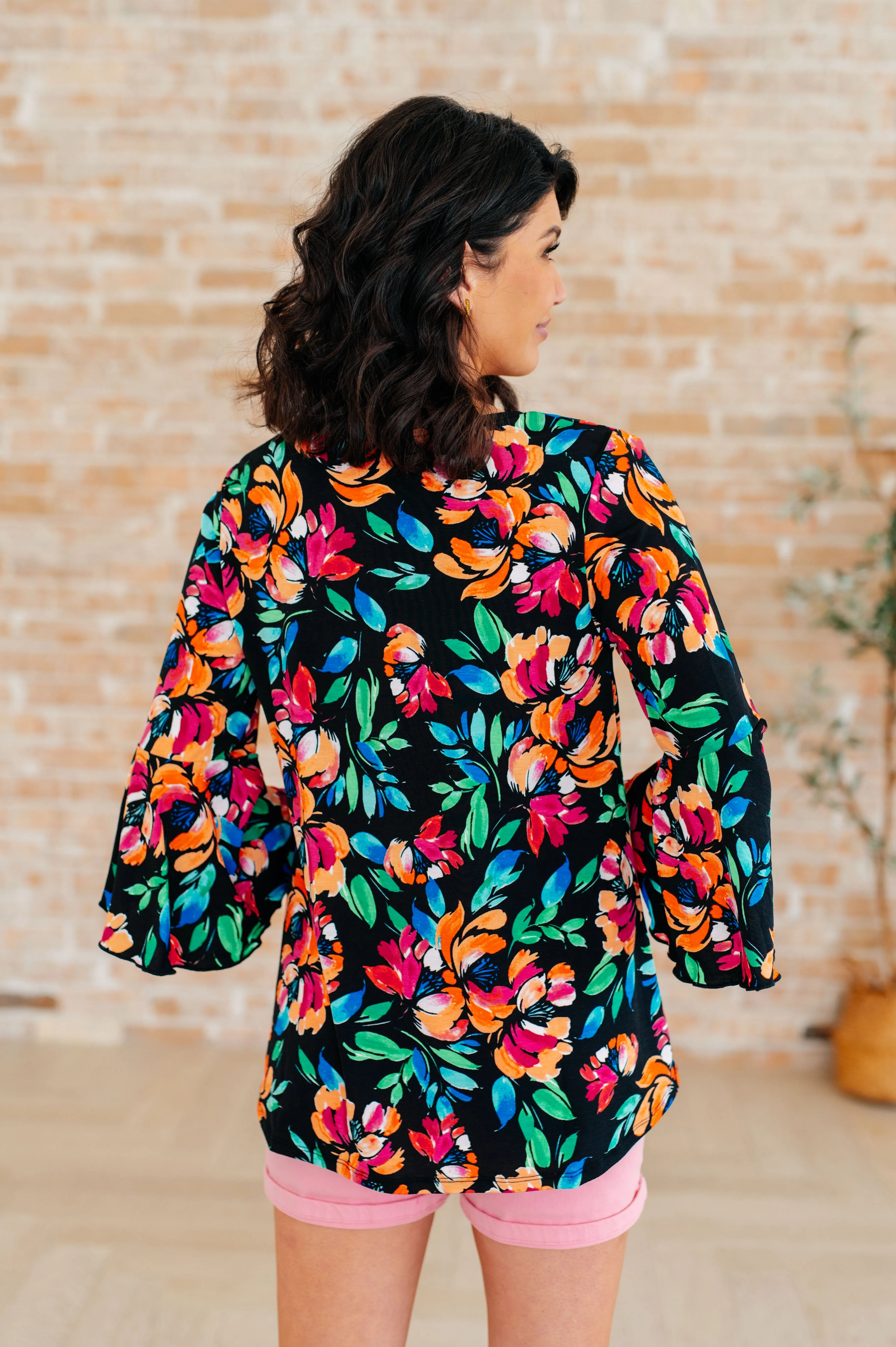 Black and Emerald Floral Willow Bell Sleeve Top