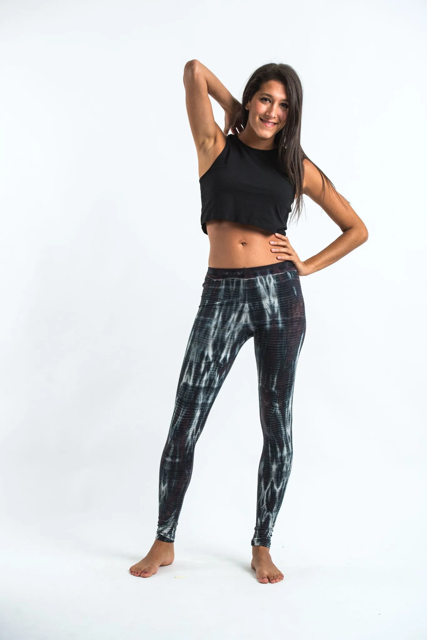 Black and White Lightning Tie Dye Cotton Leggings with Stripes