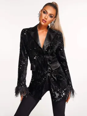 Black Sequin Blazer Jacket with Turndown Collar and Long Sleeves