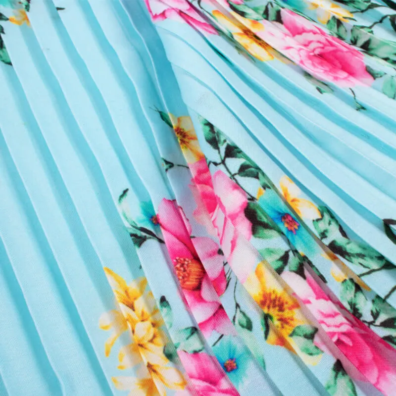 Blue Pink Floral Print Rayon Pleated Fabric