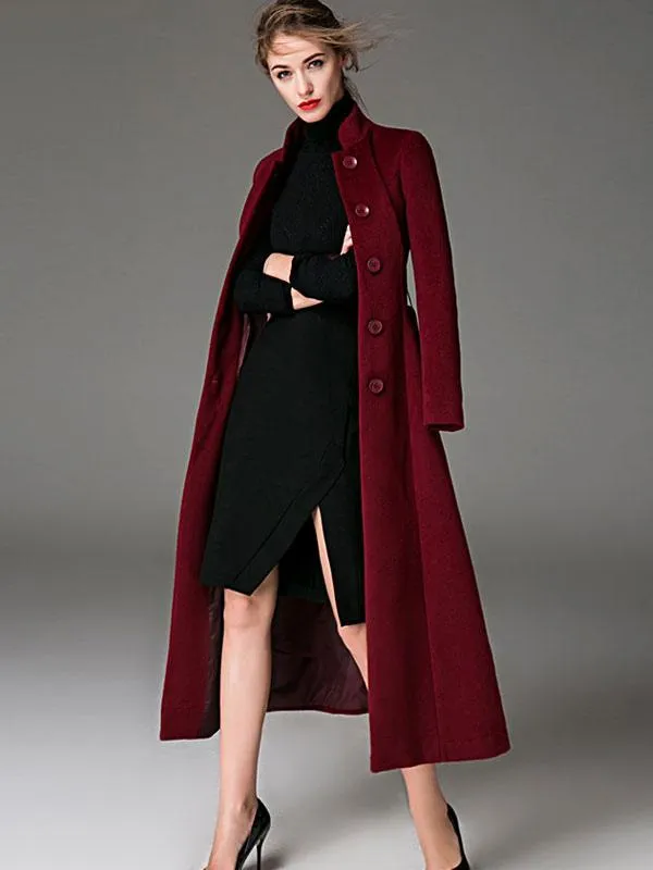 Burgundy Wool Blend Long Coat Women's Winter Outerwear