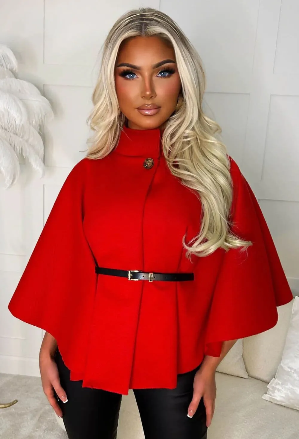 Elegant Red Belted Cape Coat