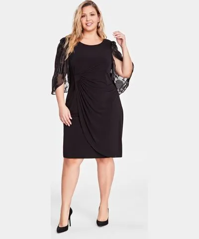 Connected Plus Size Cape-Sleeve Side-Ruched Dress