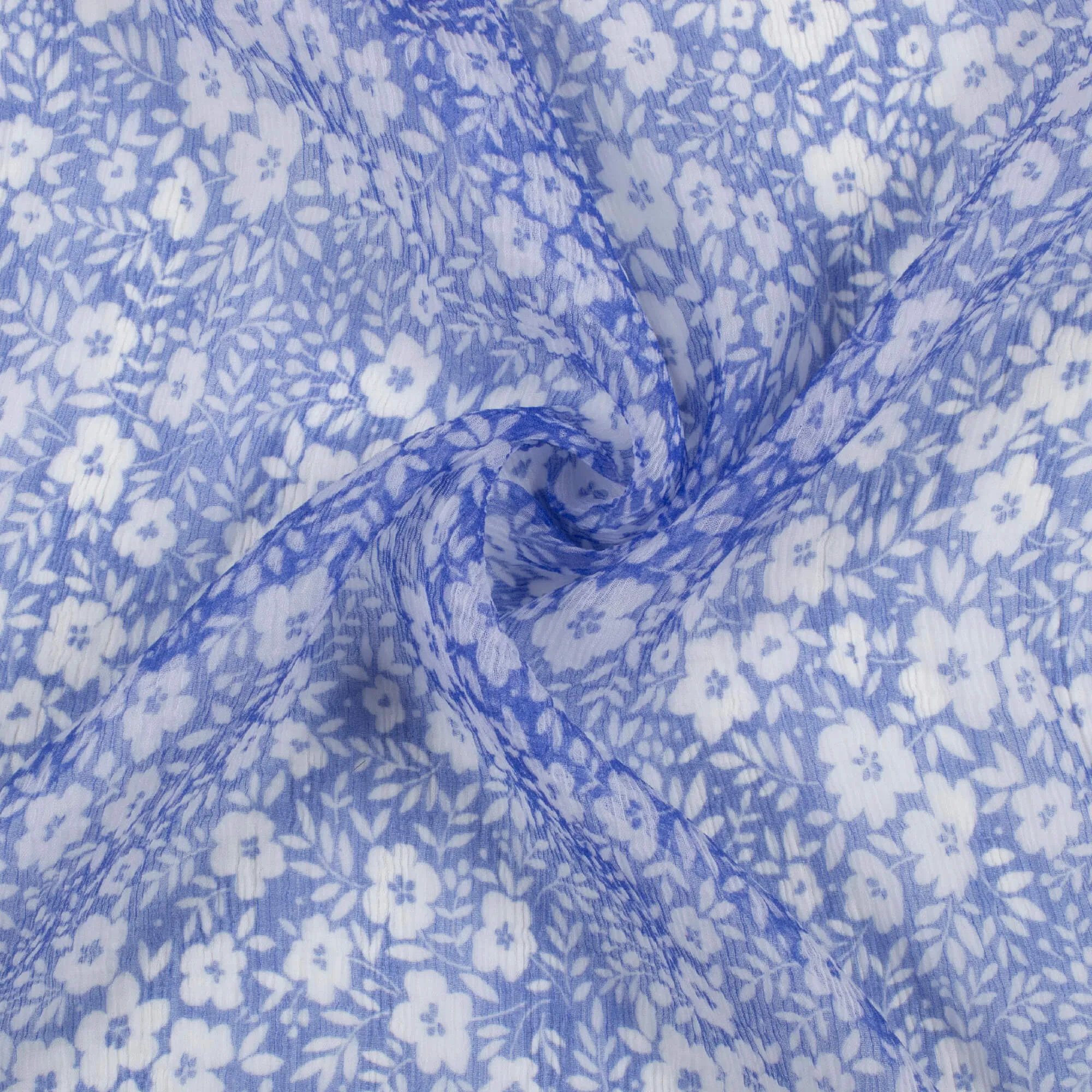 Cornflower Blue White Floral Digital Print Bemberg Chiffon Fabric