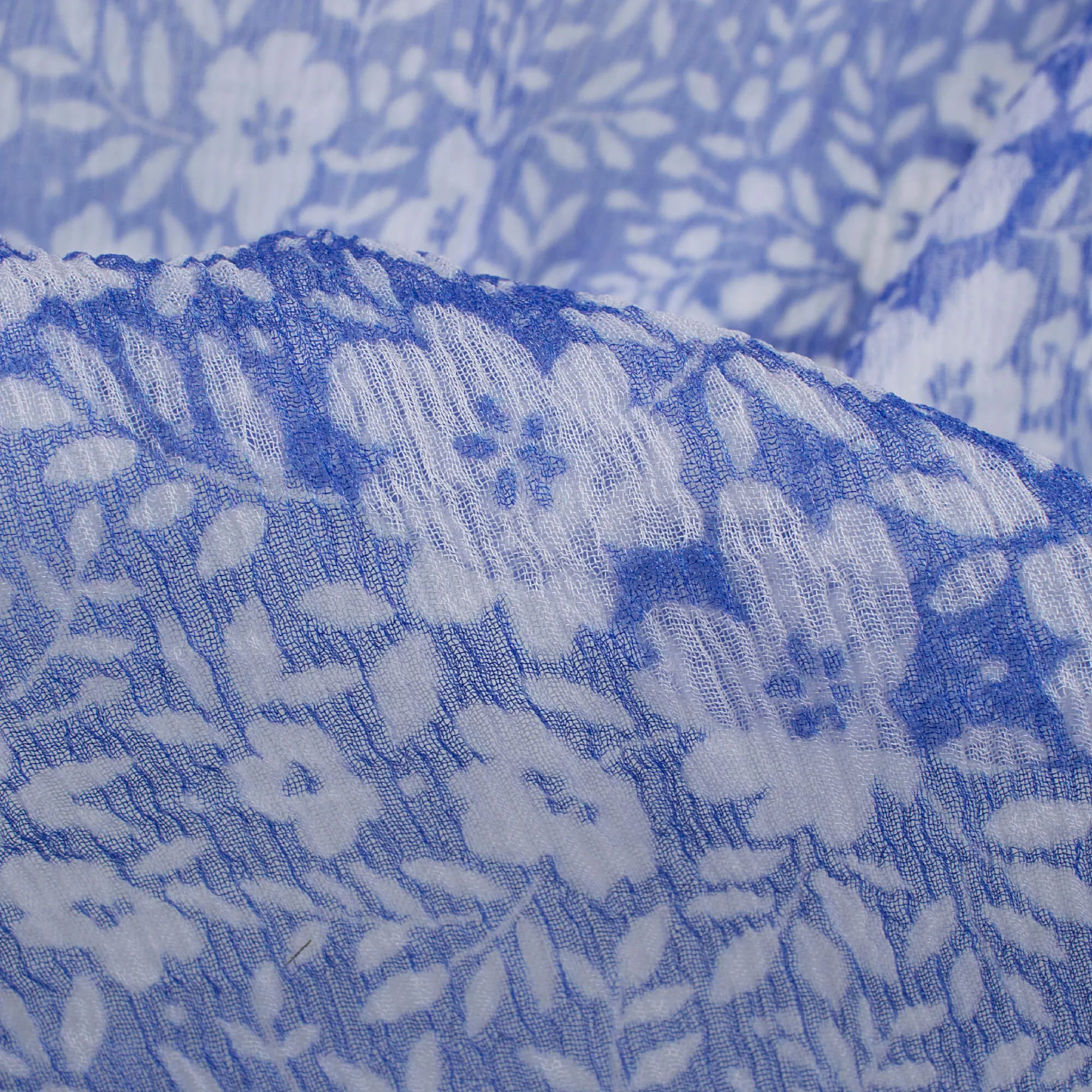 Cornflower Blue White Floral Digital Print Bemberg Chiffon Fabric