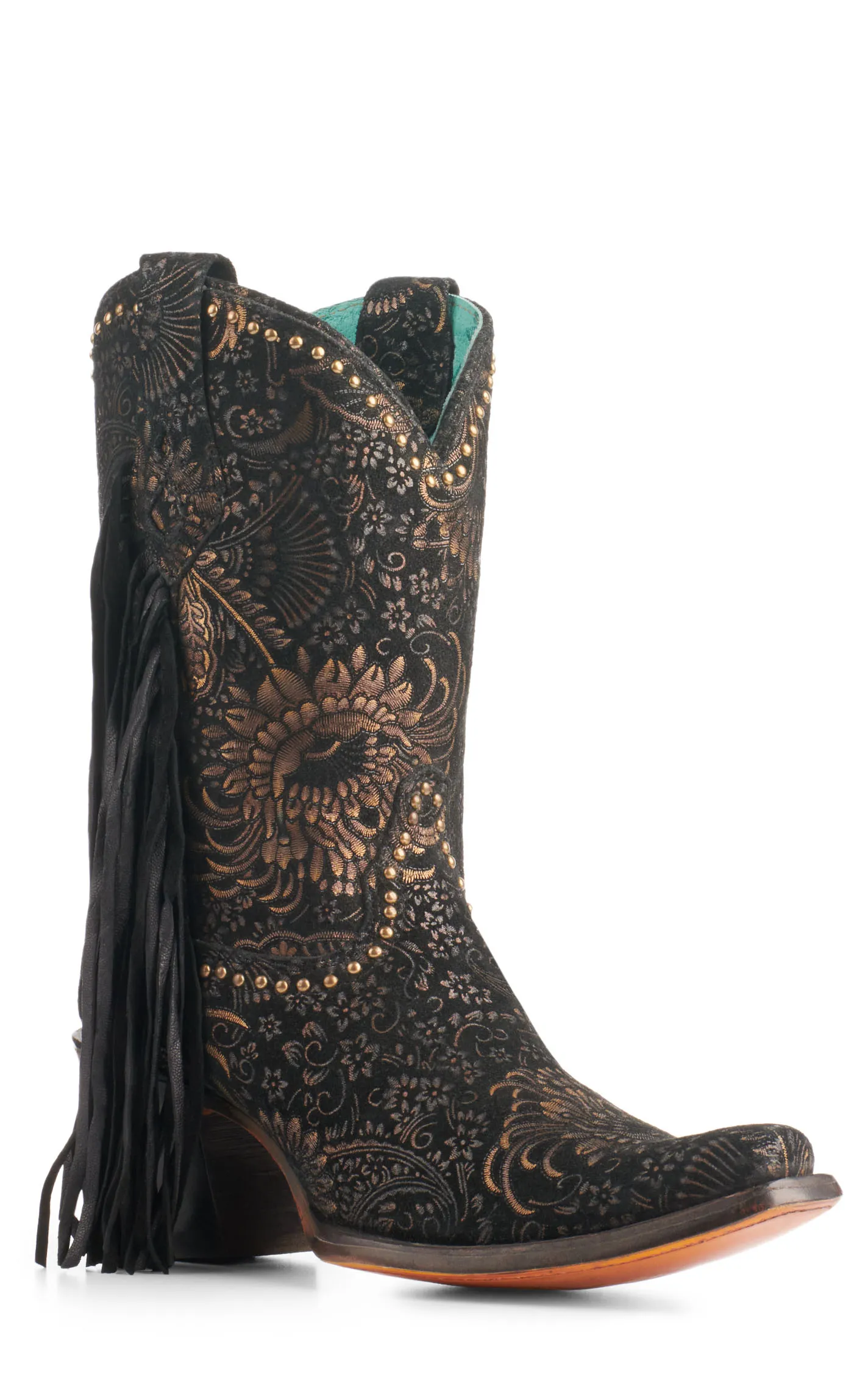 Corral Women's Black Gold Floral Stamped Suede Fringe Square Toe Cowboy Boots