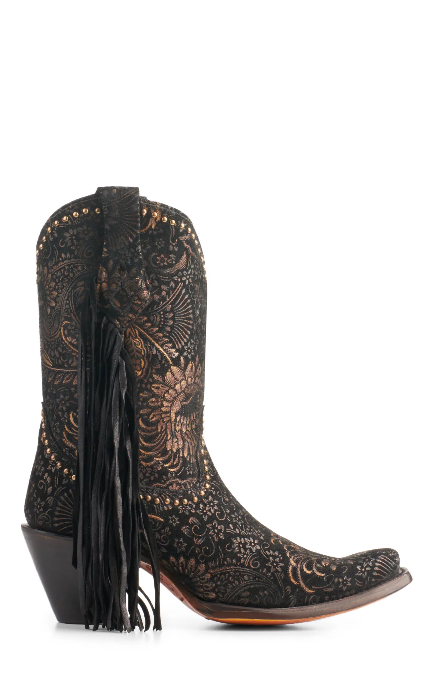 Corral Women's Black Gold Floral Stamped Suede Fringe Square Toe Cowboy Boots