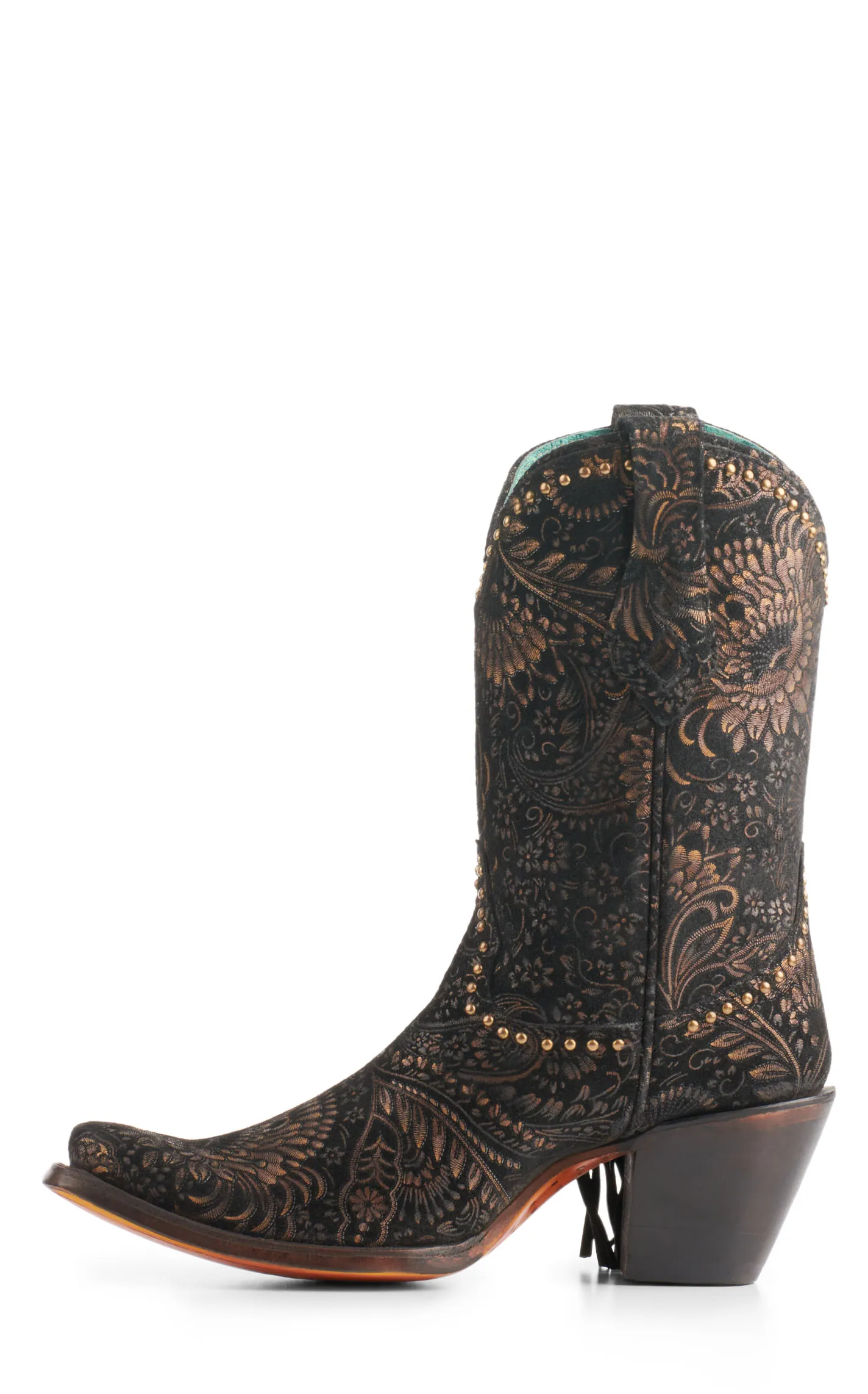 Corral Women's Black Gold Floral Stamped Suede Fringe Square Toe Cowboy Boots