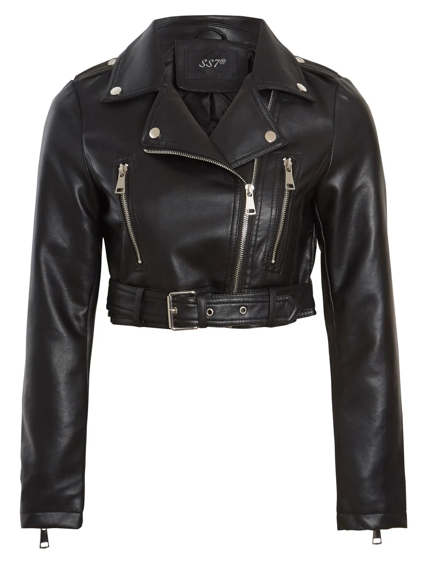 Cropped Slim Fit Faux Leather Biker Jacket UK Sizes 8 14