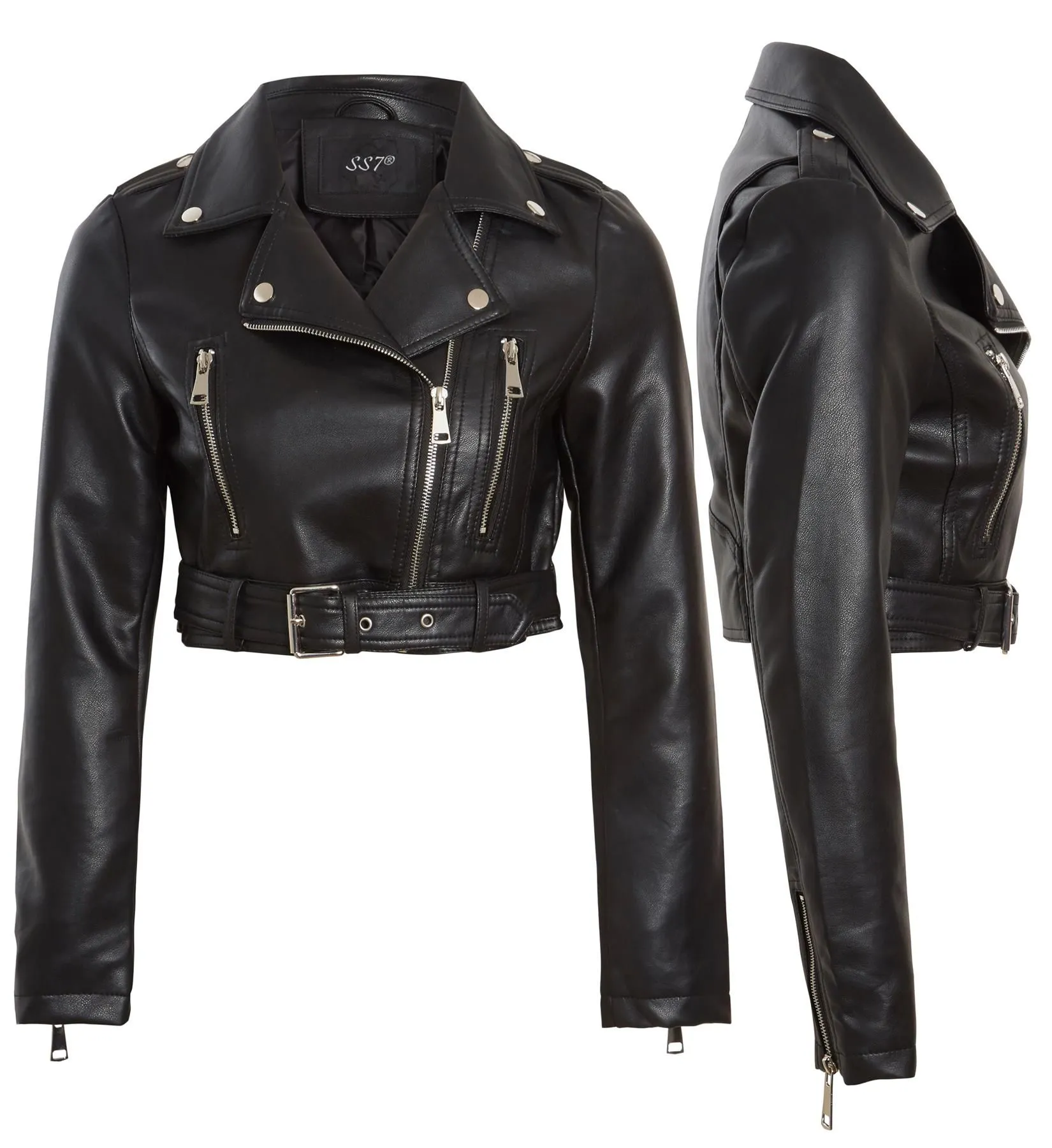 Cropped Slim Fit Faux Leather Biker Jacket UK Sizes 8 14