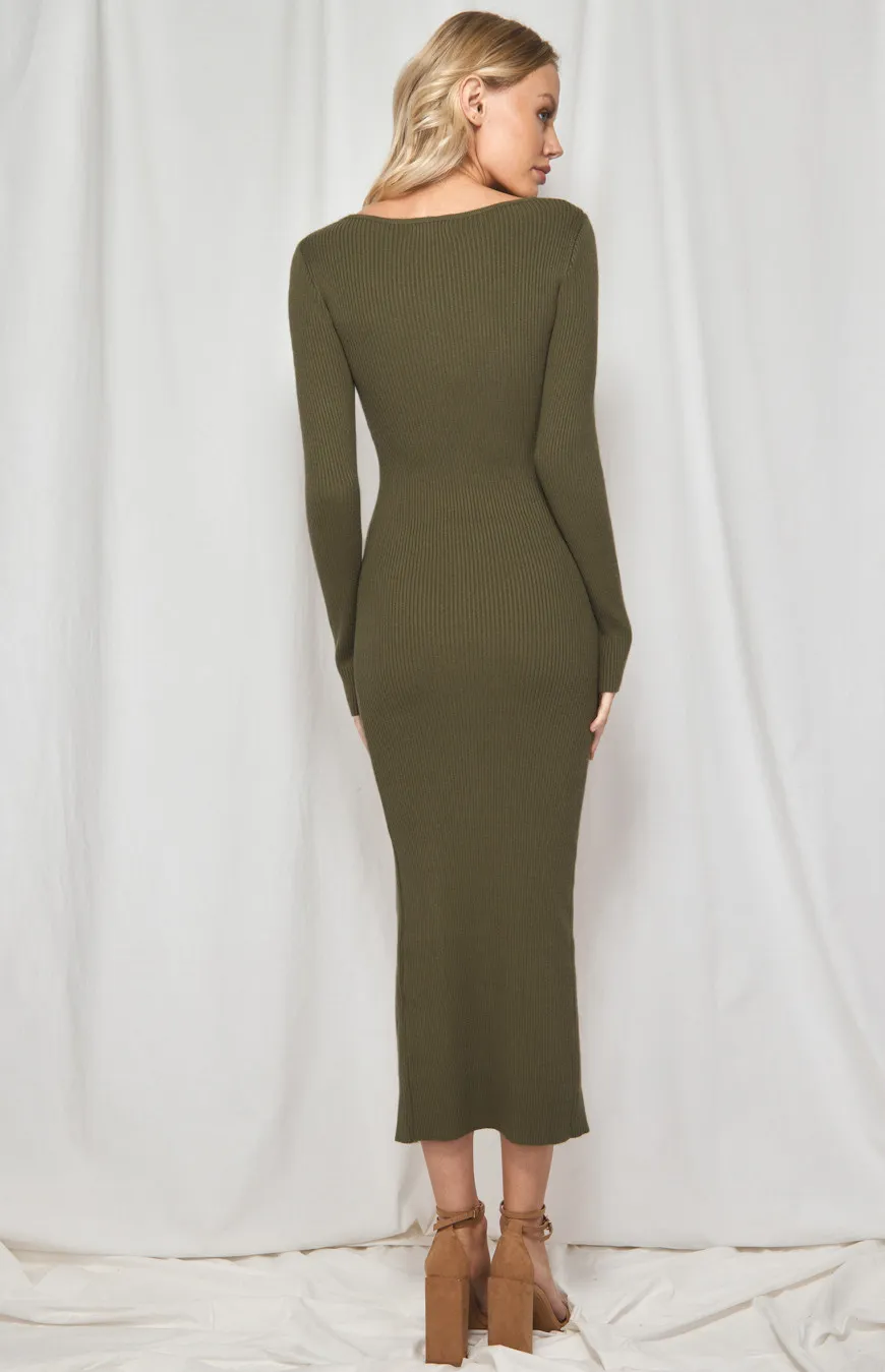 Knit Midi Dress with Neckline Cut Out and Side Split (WKN261)