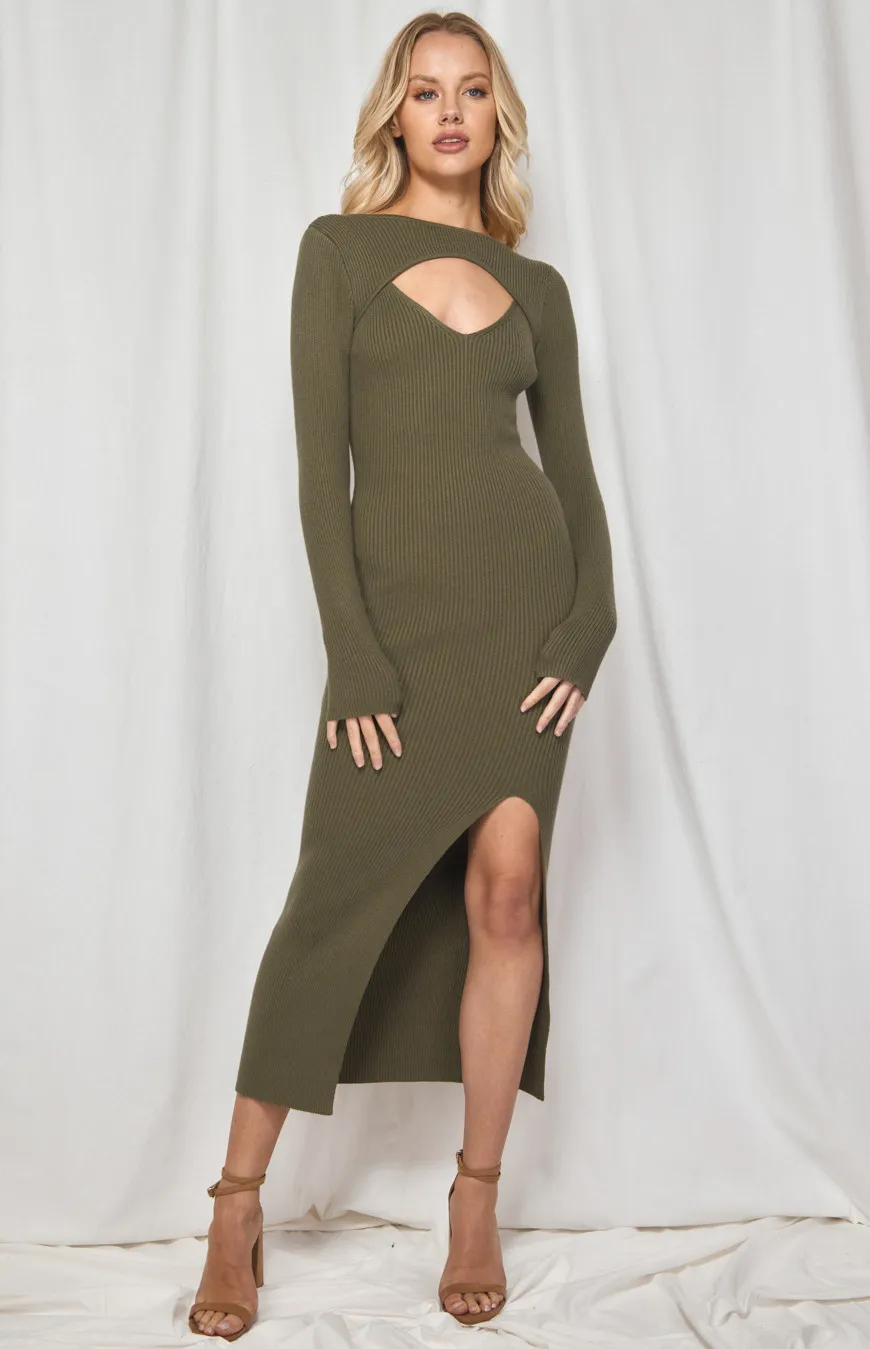 Knit Midi Dress with Neckline Cut Out and Side Split (WKN261)