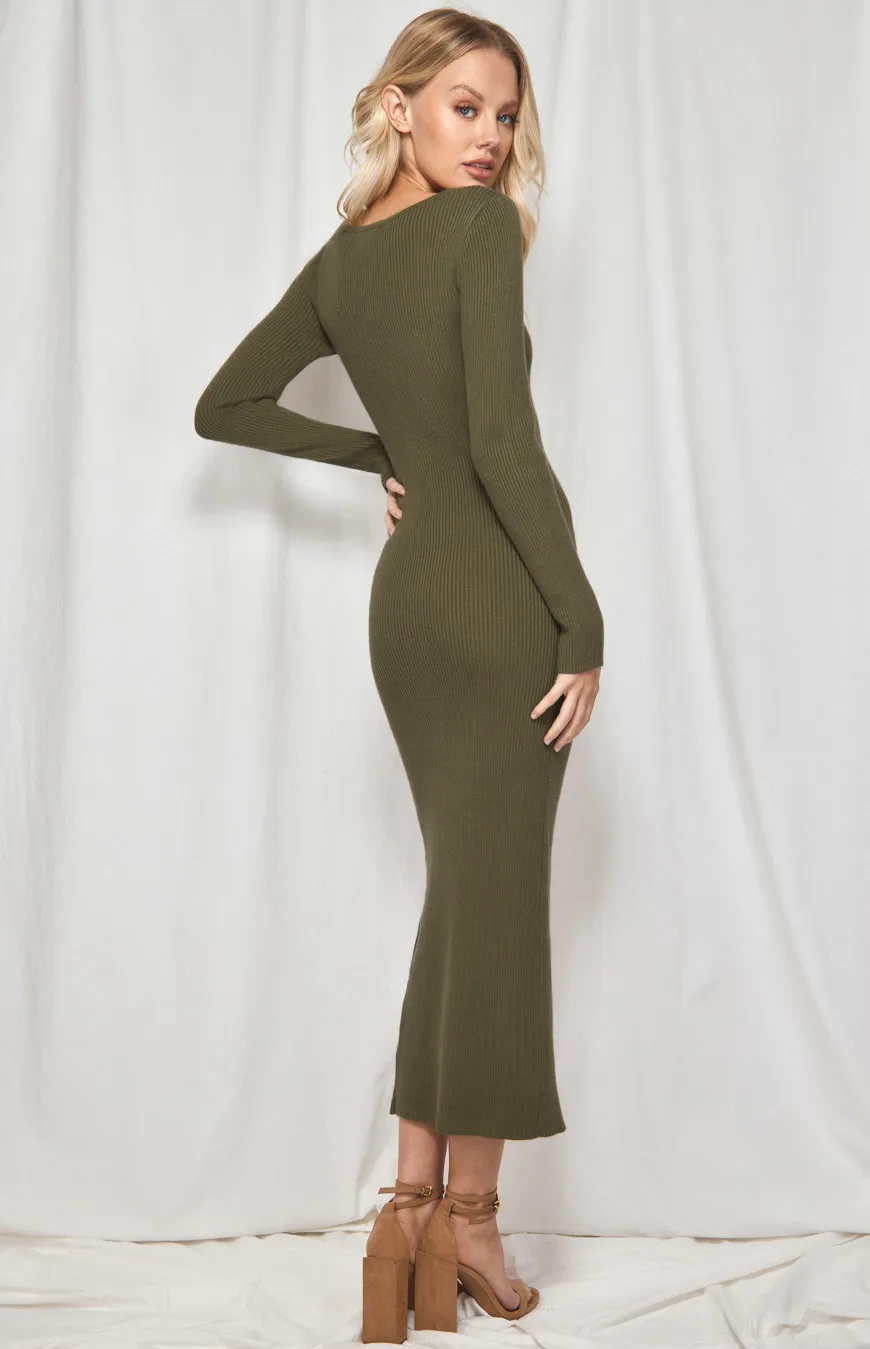 Knit Midi Dress with Neckline Cut Out and Side Split (WKN261)