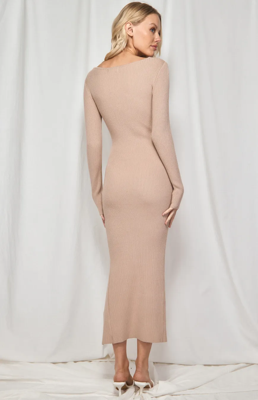 Knit Midi Dress with Neckline Cut Out and Side Split (WKN261)