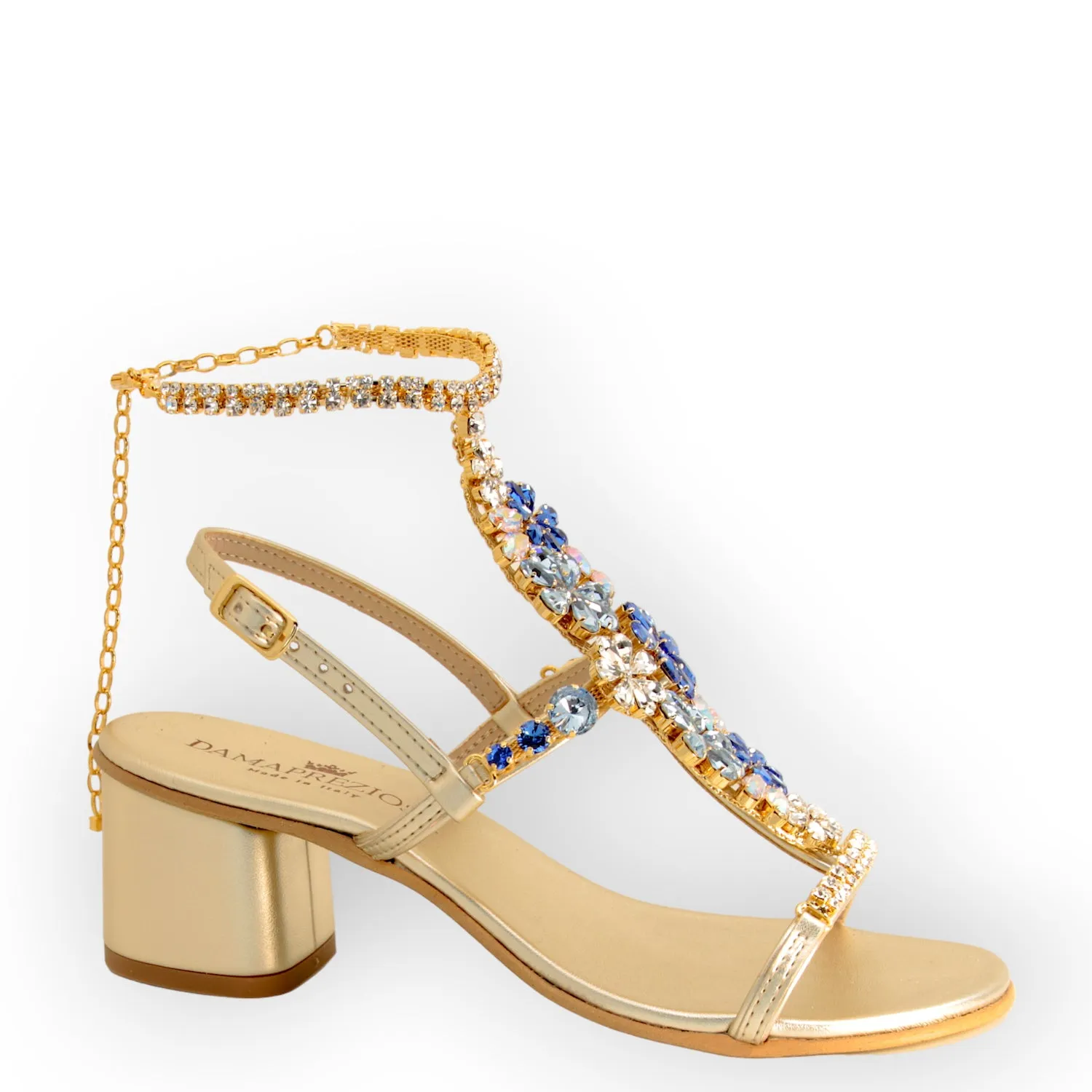 Daisy Aquamarine Crystal Flower Sandals with Block Heel