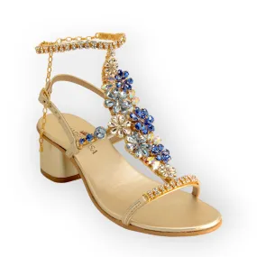 Daisy Aquamarine Crystal Flower Sandals with Block Heel