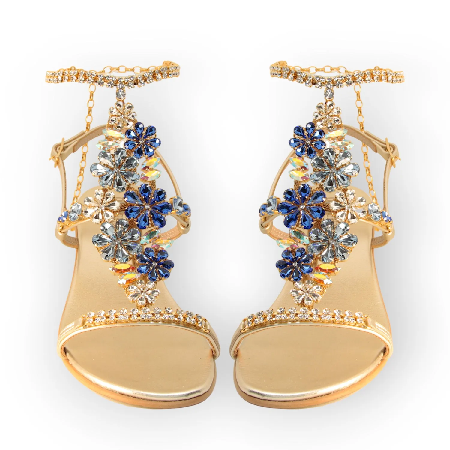 Daisy Aquamarine Crystal Flower Sandals with Block Heel