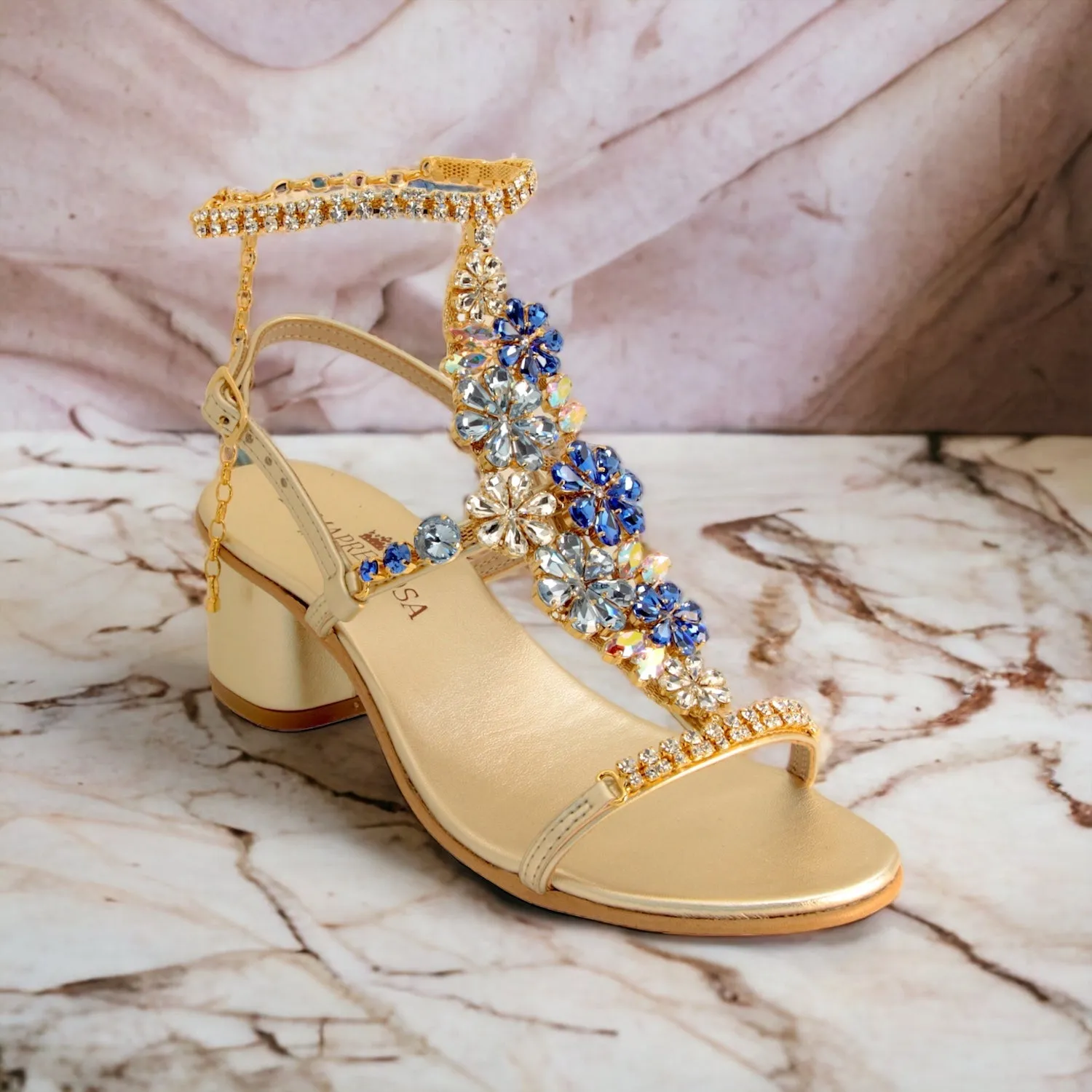 Daisy Aquamarine Crystal Flower Sandals with Block Heel