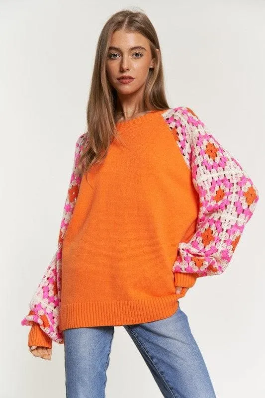 DAVI & DANI Crochet Detailed Long Sleeve Sweater - 2 Color Options