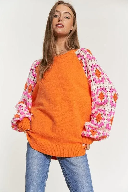 DAVI & DANI Crochet Detailed Long Sleeve Sweater - 2 Color Options