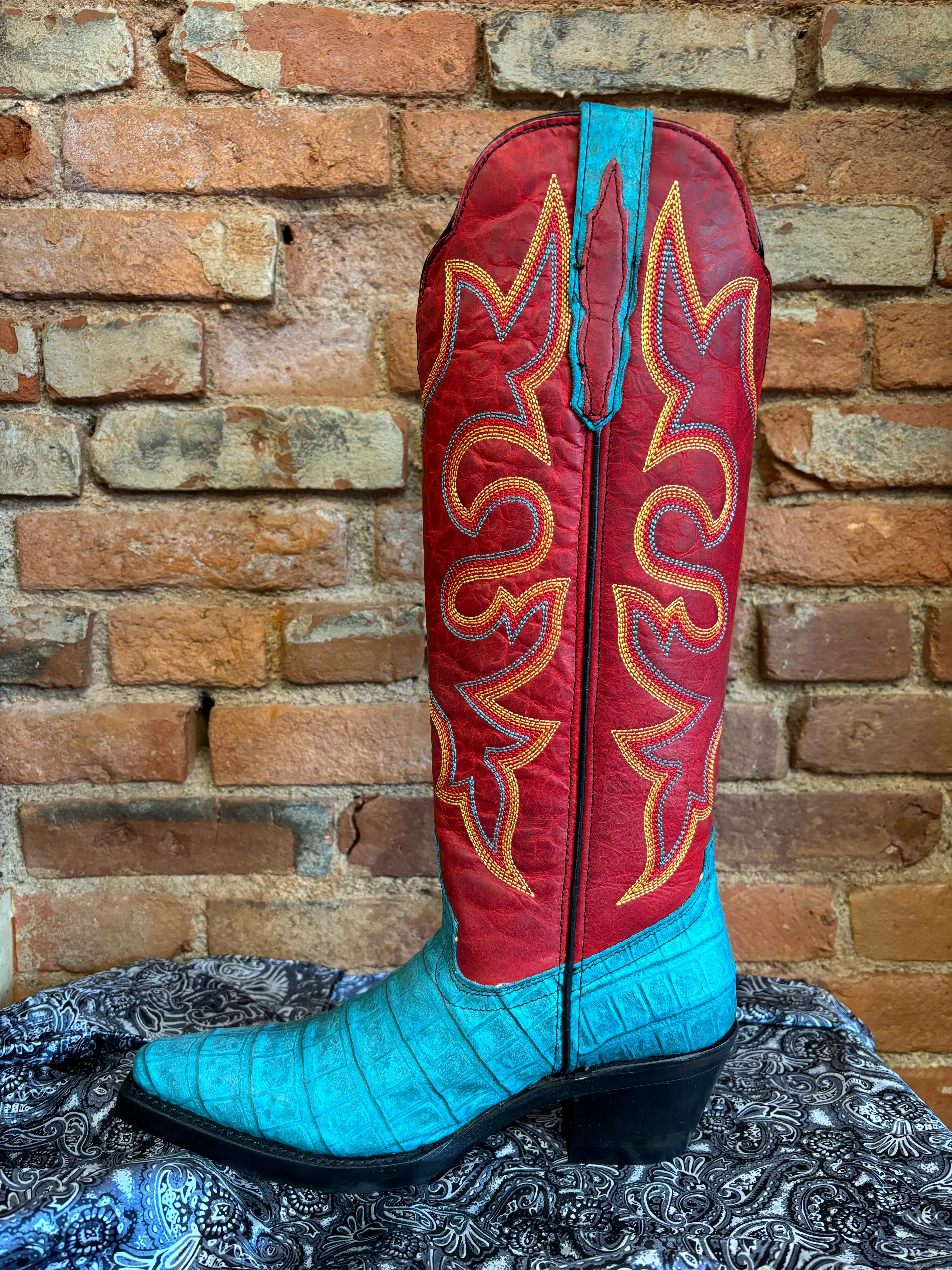 Dingo Women's Red & Turquoise Caiman Print Snip Toe Cowgirl Boots