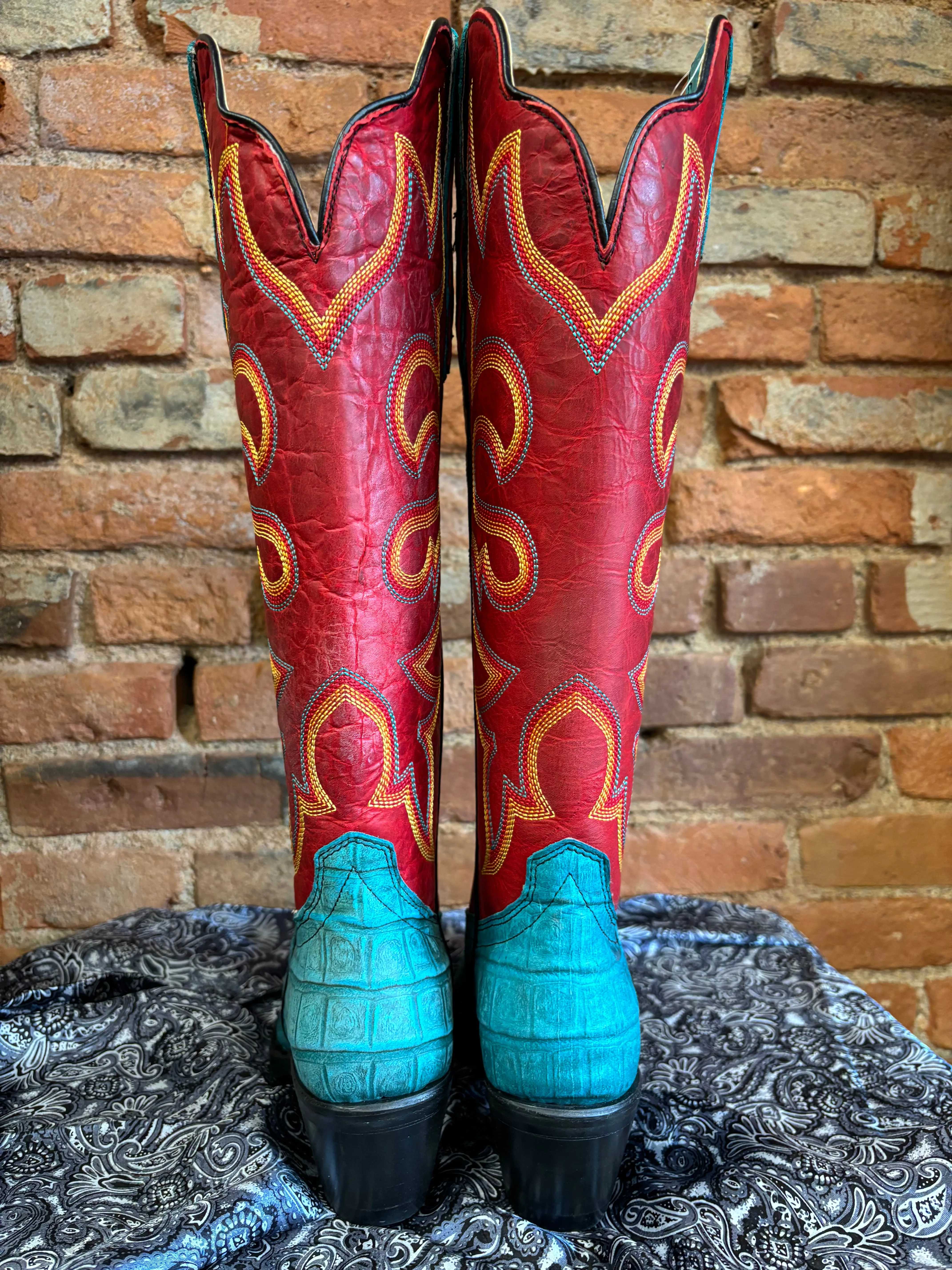 Dingo Women's Red & Turquoise Caiman Print Snip Toe Cowgirl Boots