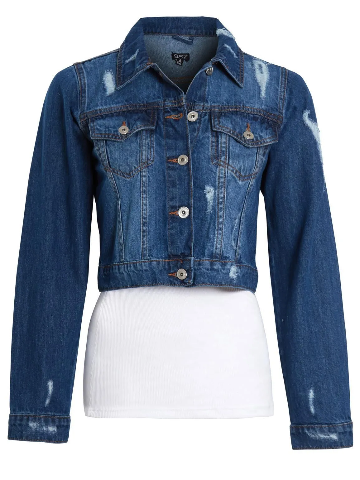 Mid Blue Distressed Cropped Denim Jacket, UK Sizes 8-16