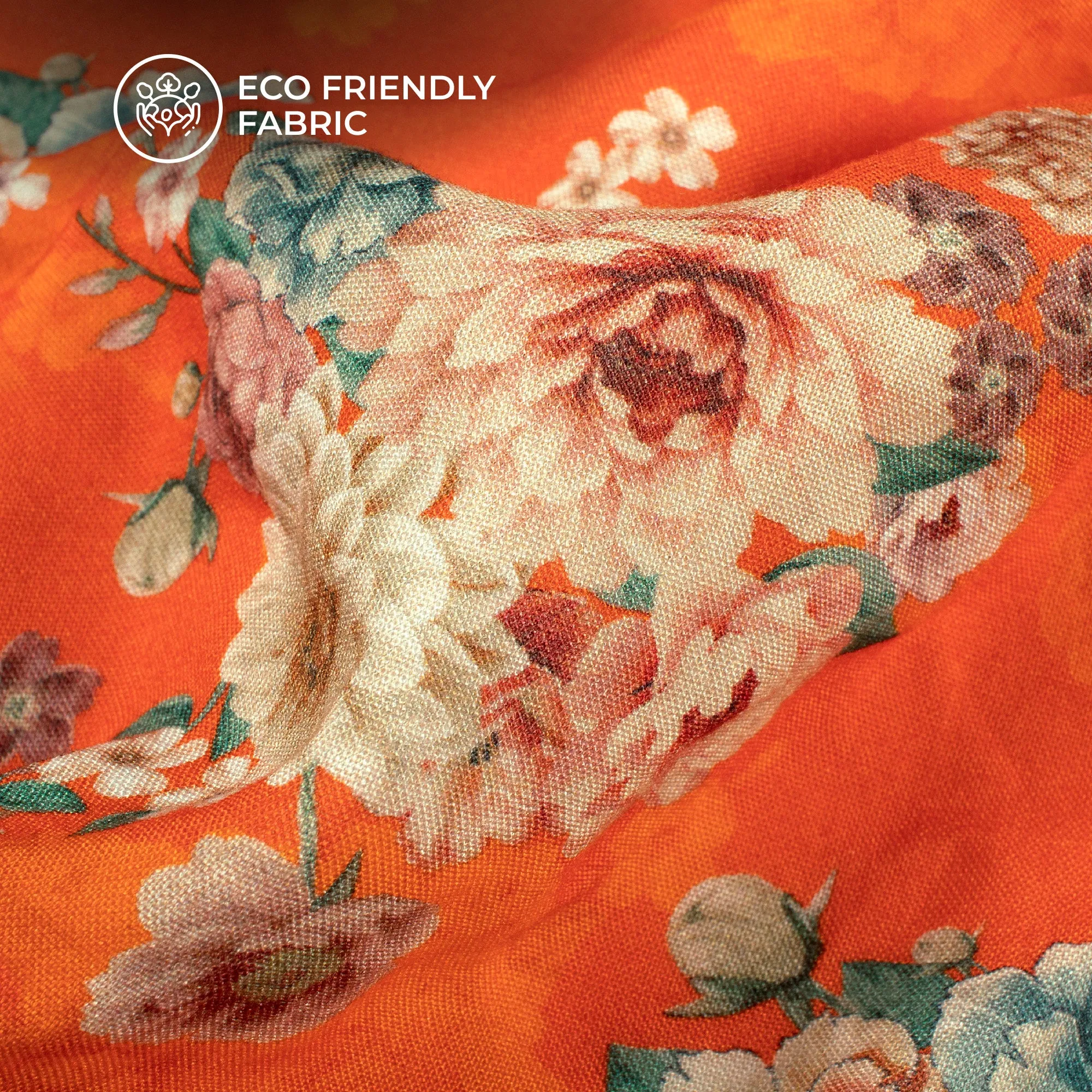 Fire orange Floral Viscose Rayon Fabric with Digital Print (58 Inches Wide)