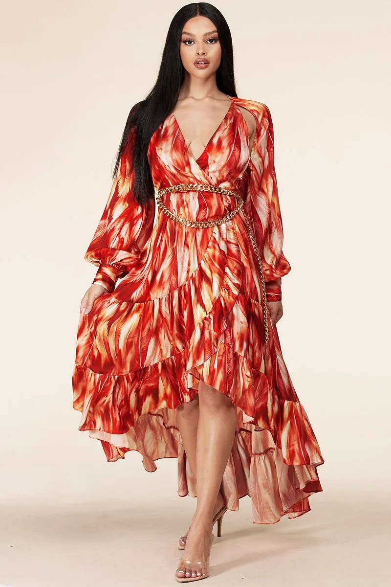 Fire Print Maxi Dress Long Sleeve