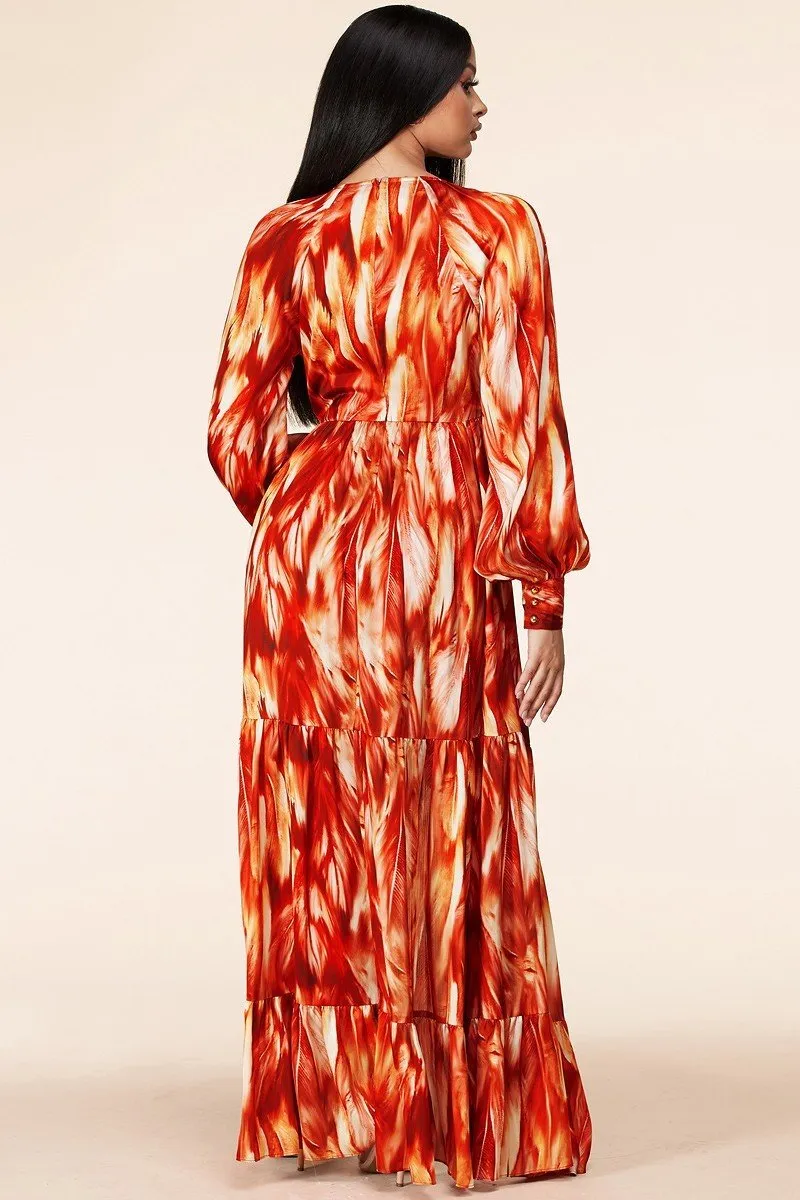 Fire Print Maxi Dress Long Sleeve