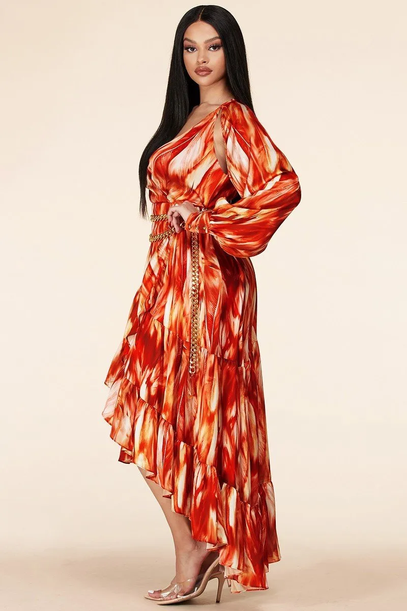 Fire Print Maxi Dress Long Sleeve