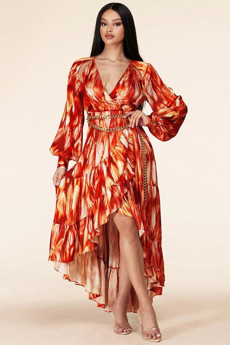 Fire Print Maxi Dress Long Sleeve