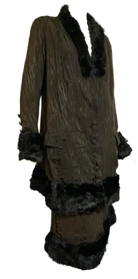 Fur Trim Silk Jacket and Skirt Set in Deep Brown - 1910s Fashion