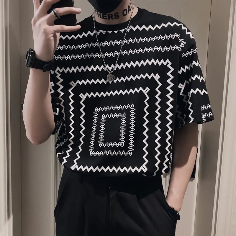 Geometric Print Men's T-Shirt with Short Sleeves and Loose Fit 