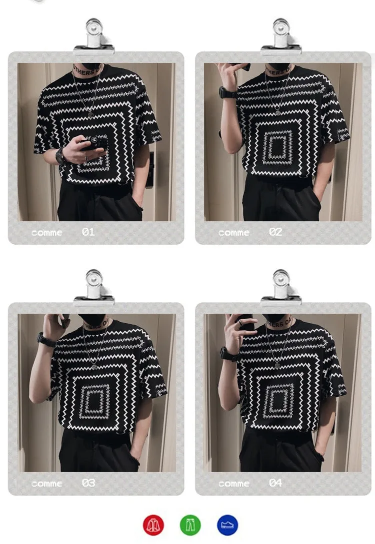 Geometric Print Men's T-Shirt with Short Sleeves and Loose Fit 