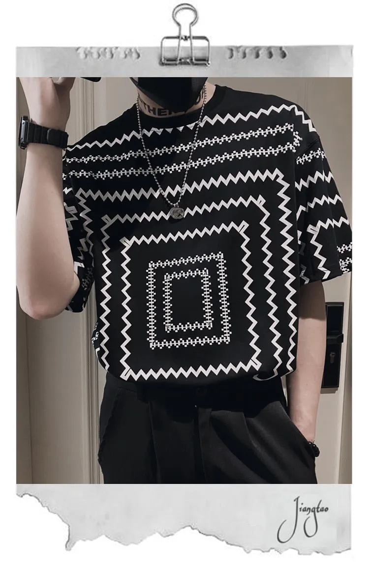 Geometric Print Men's T-Shirt with Short Sleeves and Loose Fit 